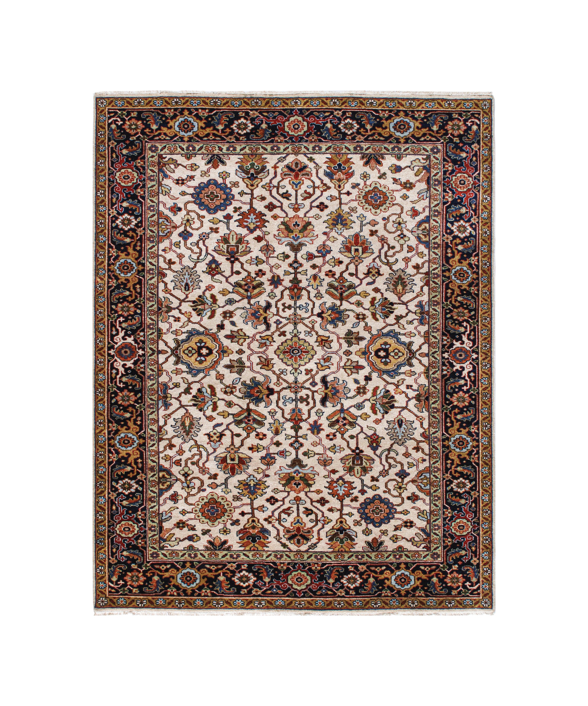Traditional Persian Floral Rug in Ivory with Midnight and Rust Border