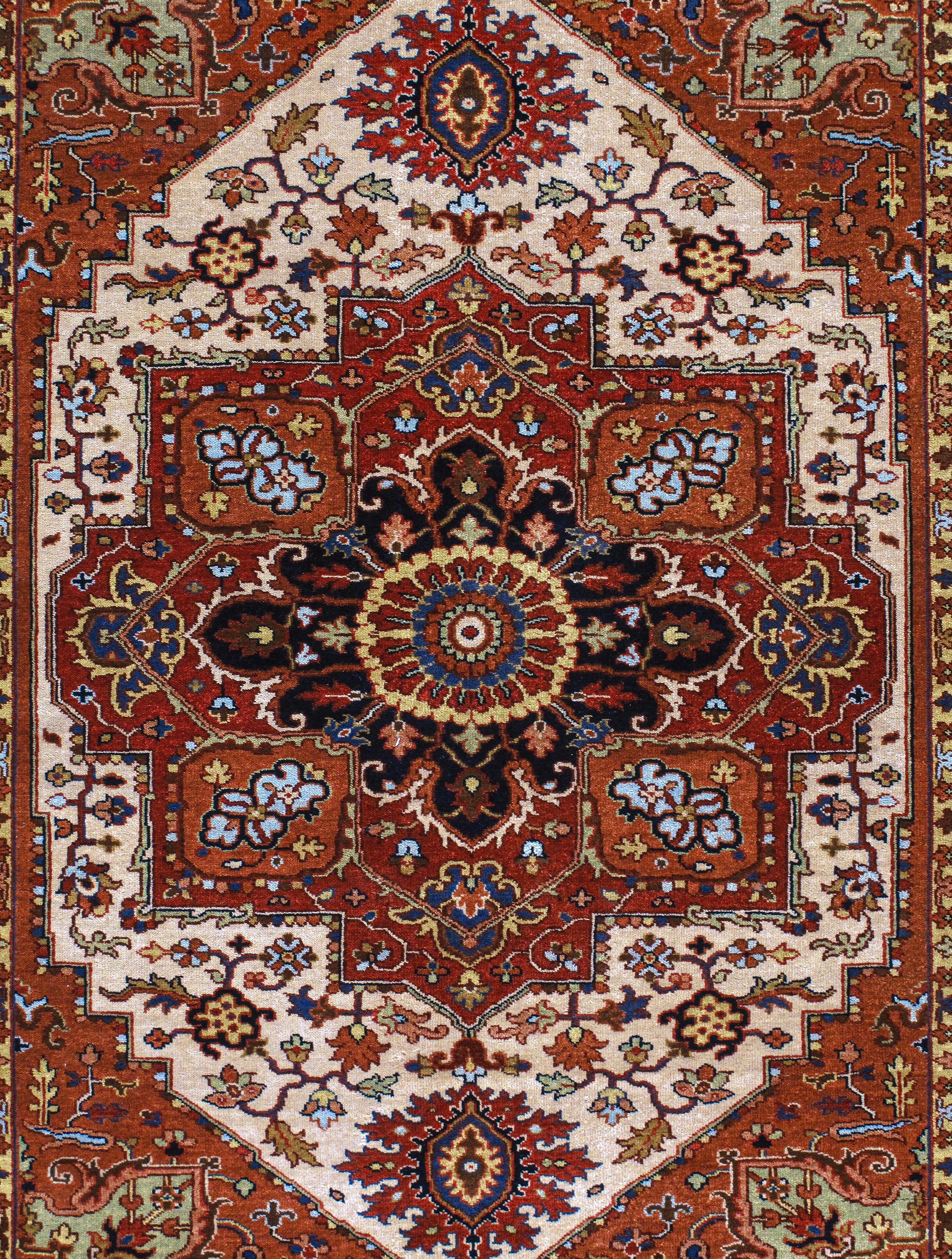 Ivory Field Persian Rug with Navy and Red Medallion
