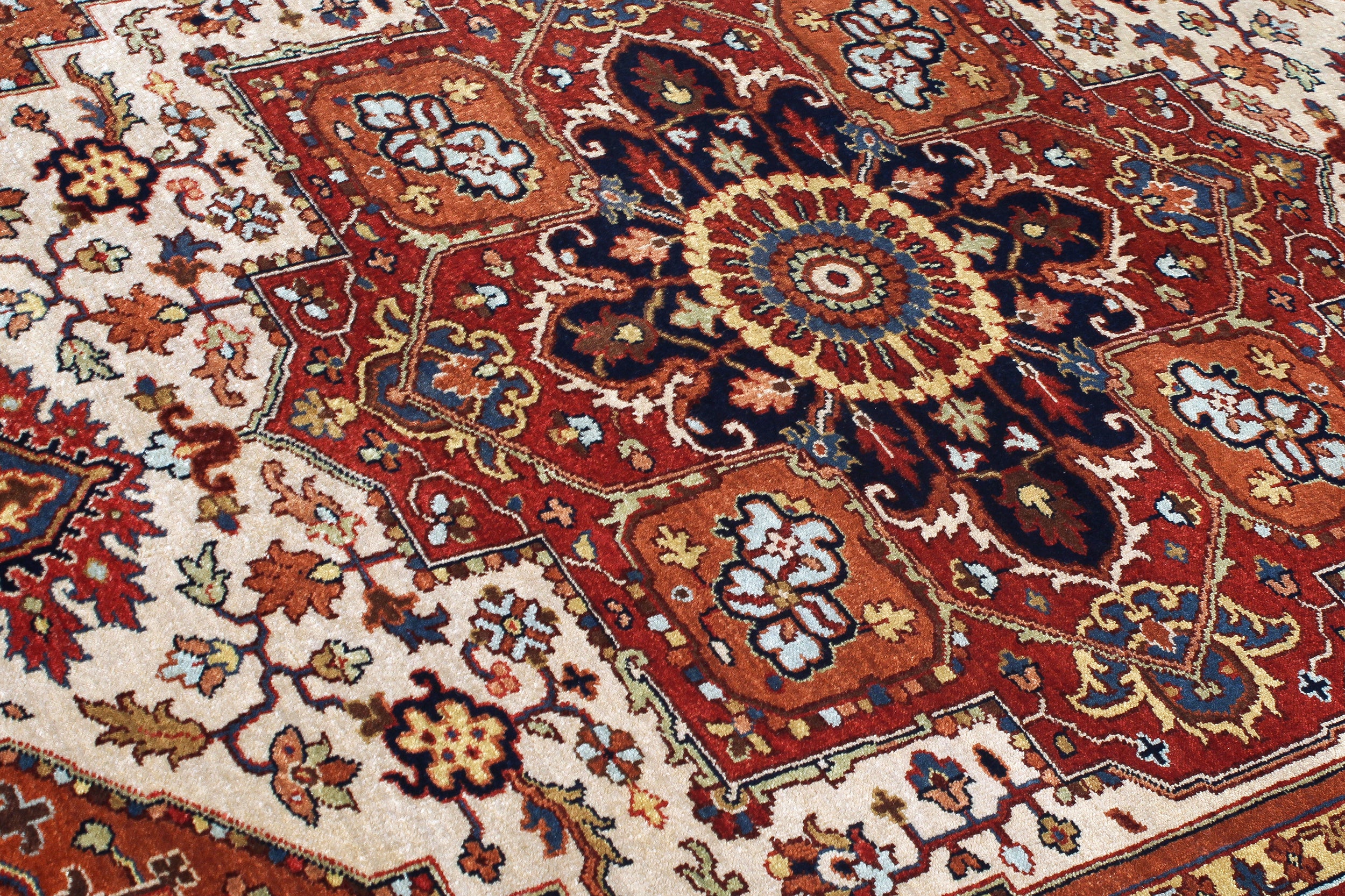 Ivory Field Persian Rug with Navy and Red Medallion