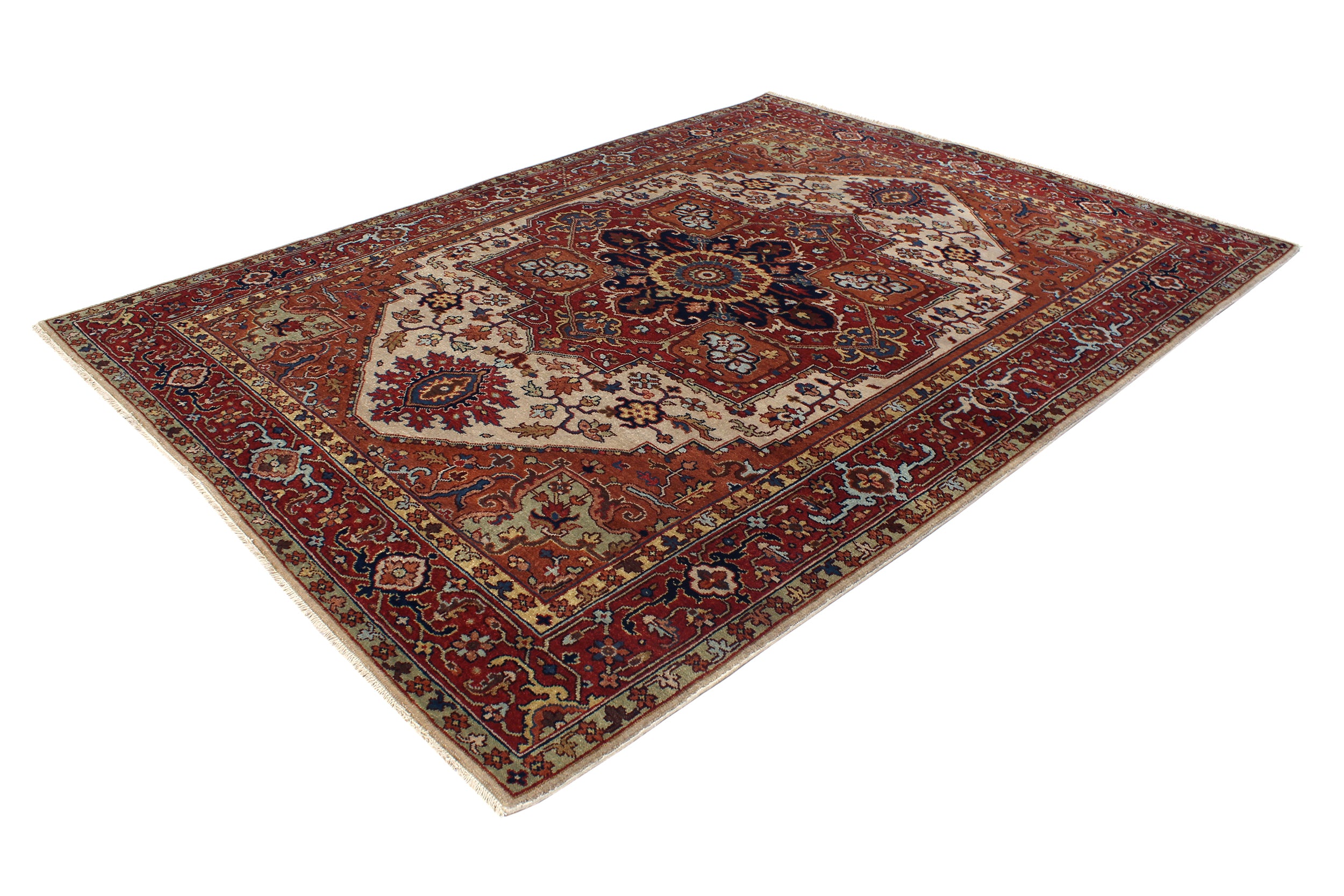 Ivory Field Persian Rug with Navy and Red Medallion