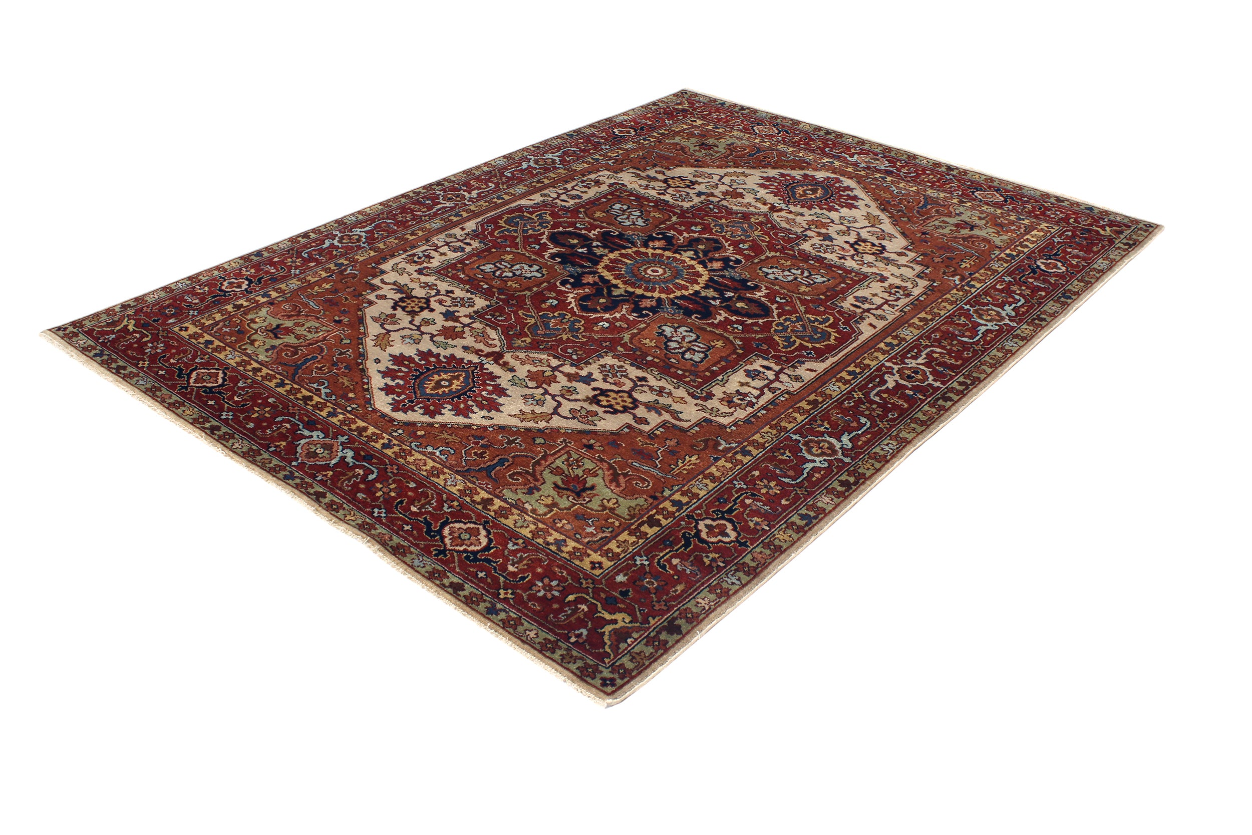 Ivory Field Persian Rug with Navy and Red Medallion