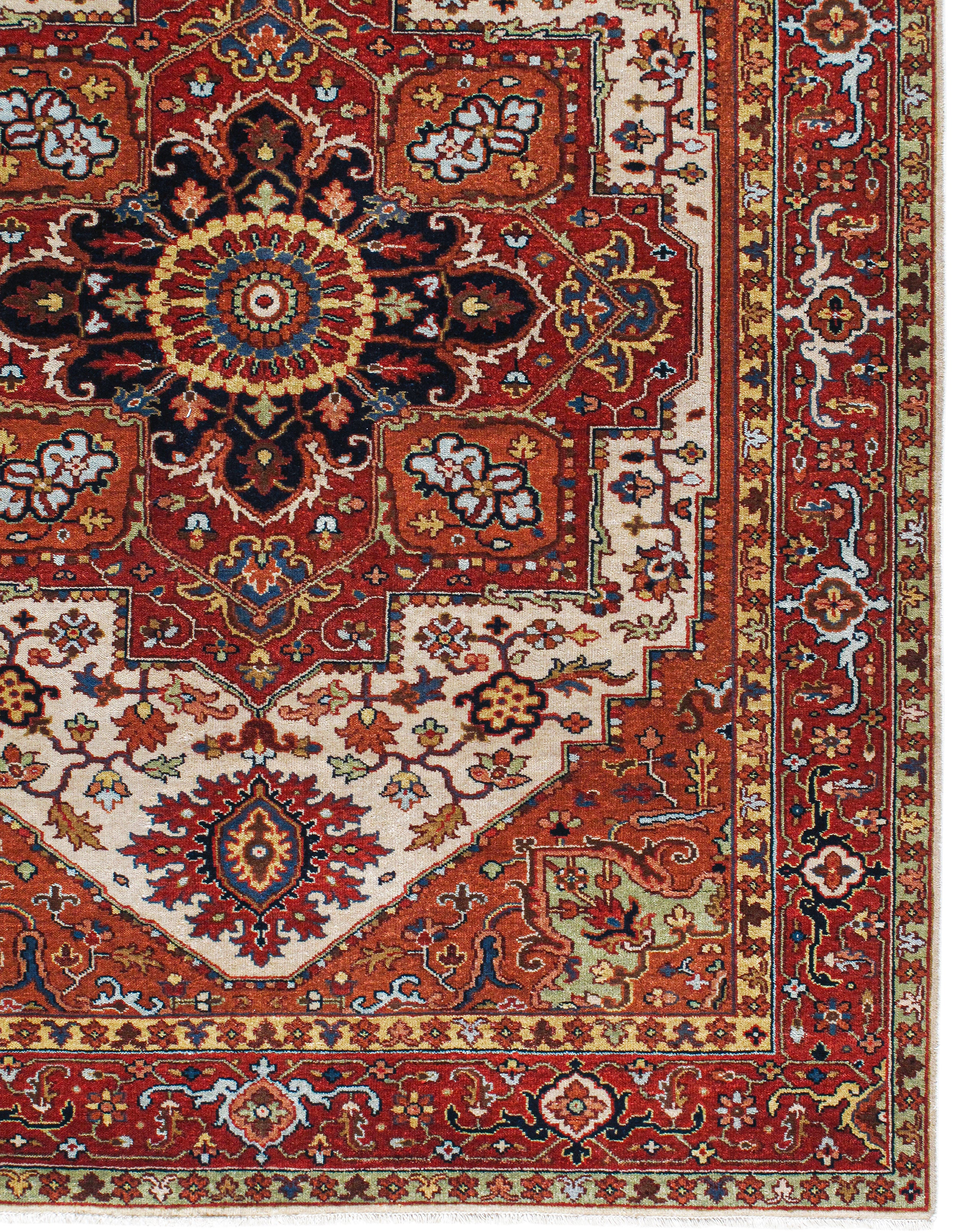 Ivory Field Persian Rug with Navy and Red Medallion