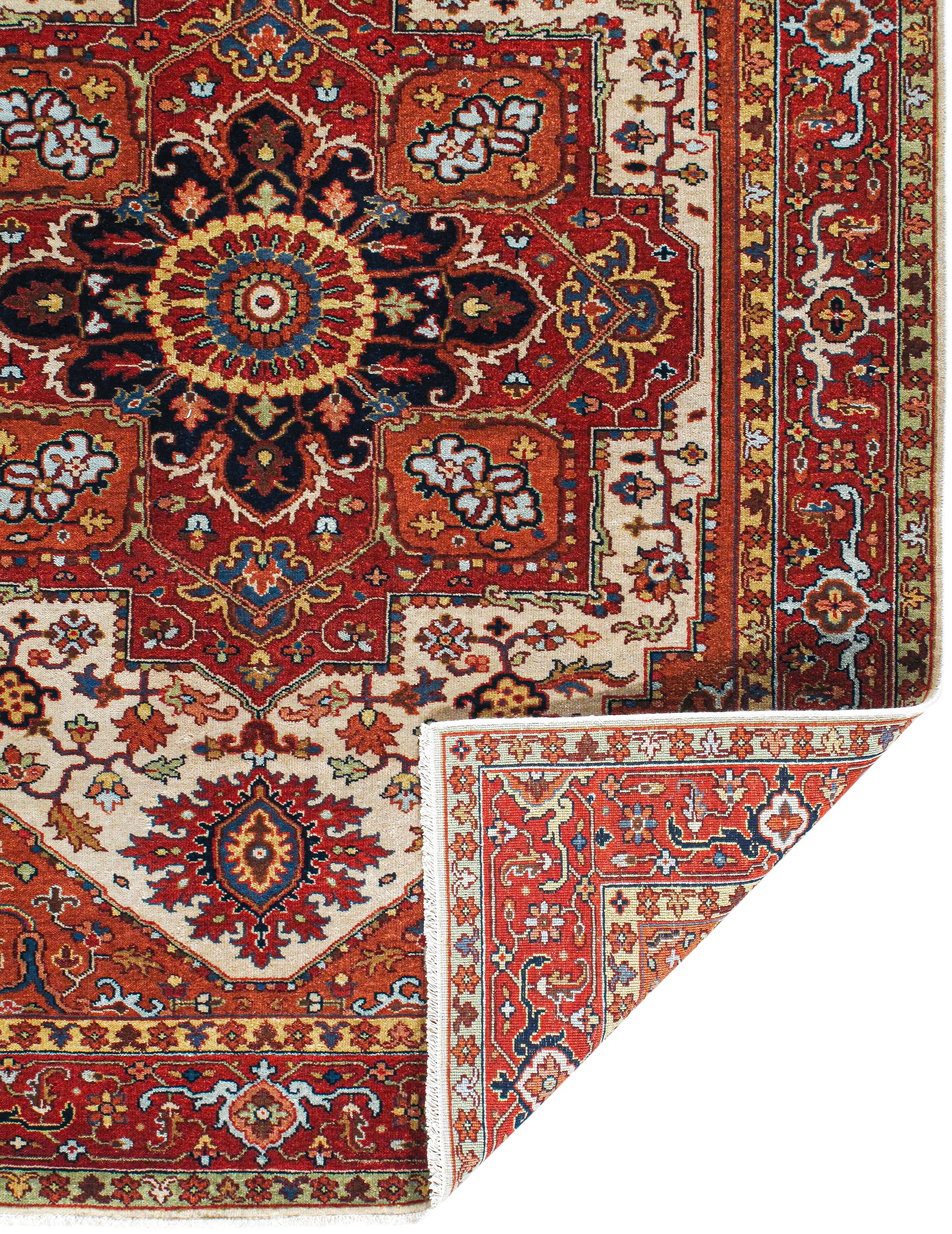 Ivory Field Persian Rug with Navy and Red Medallion