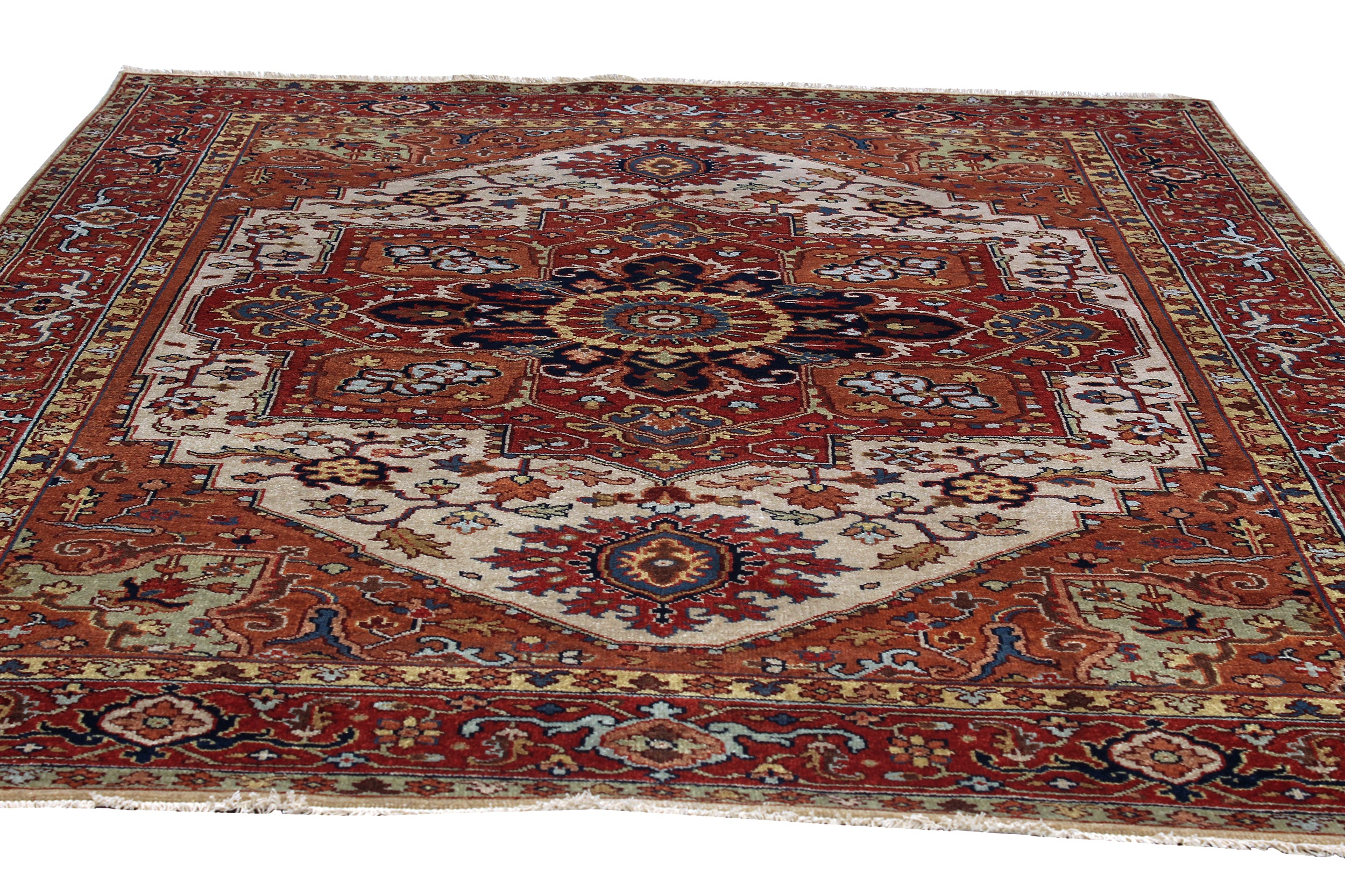 Ivory Field Persian Rug with Navy and Red Medallion