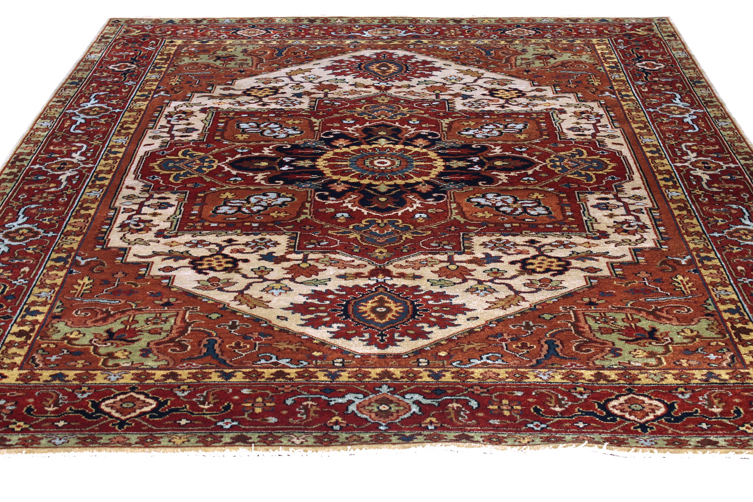 Ivory Field Persian Rug with Navy and Red Medallion