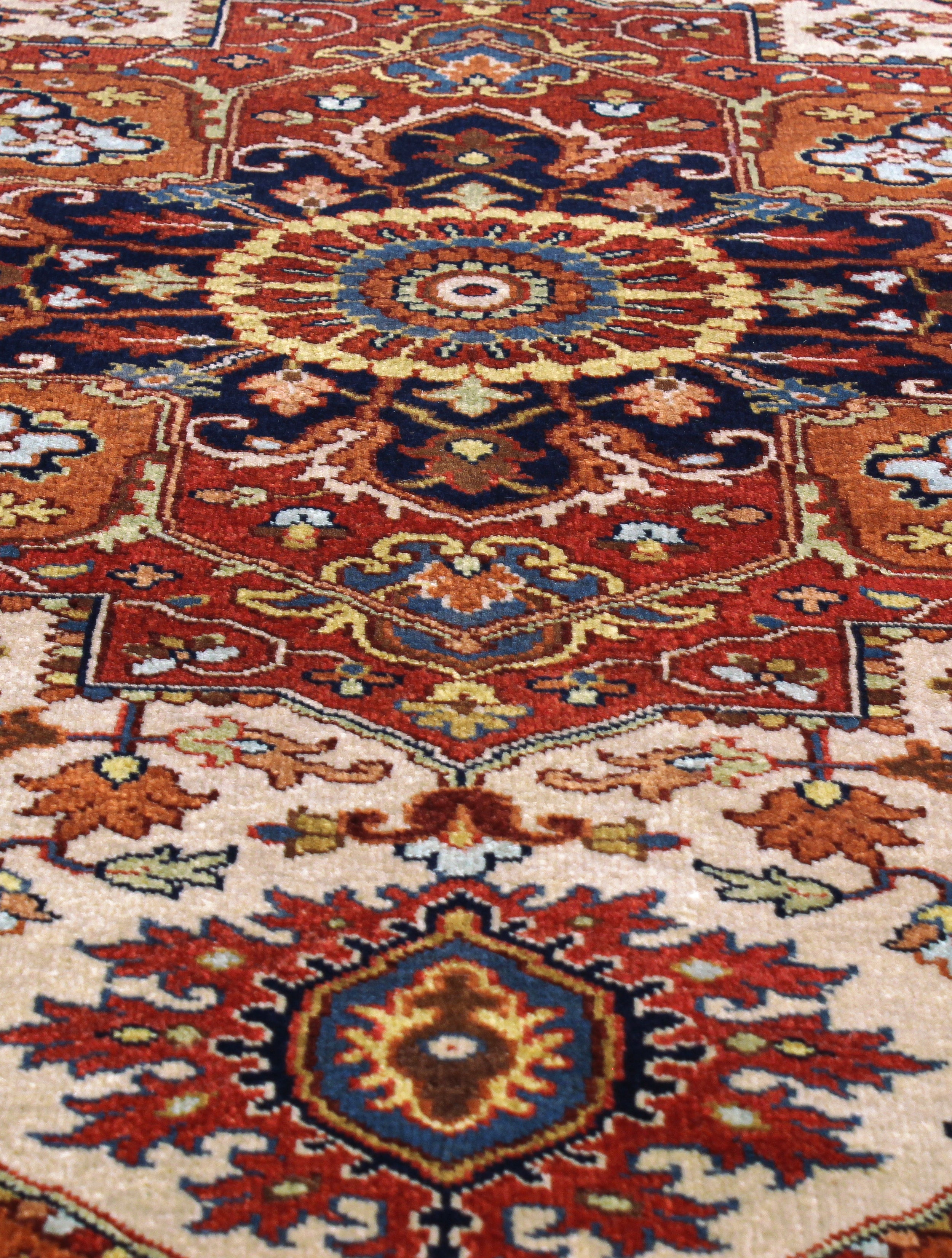 Ivory Field Persian Rug with Navy and Red Medallion