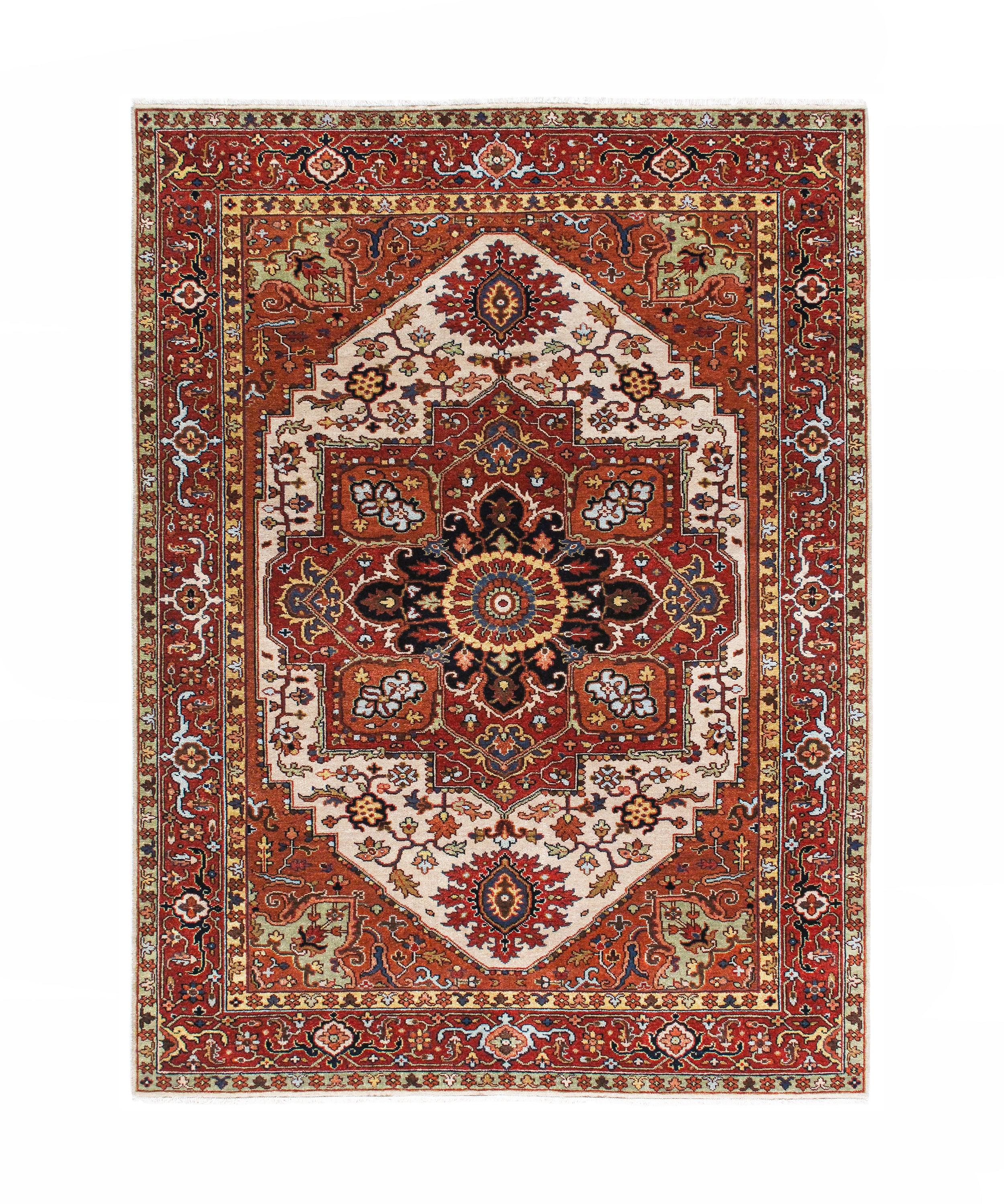 Ivory Field Persian Rug with Navy and Red Medallion