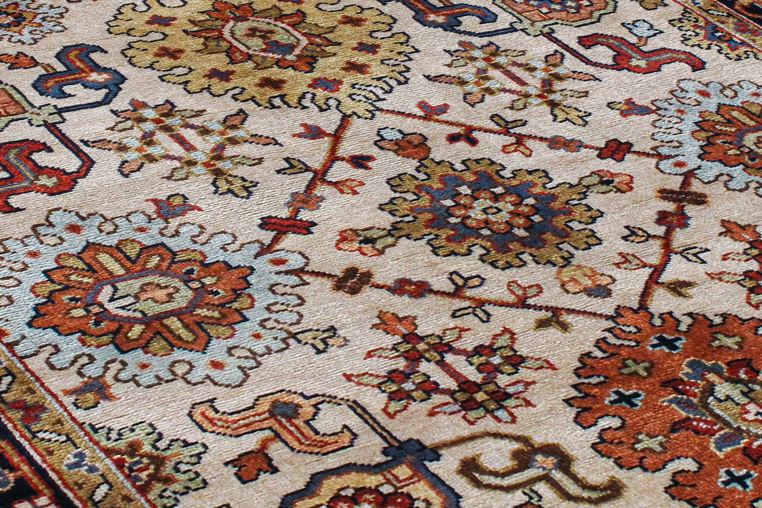 Classic Persian Herati Rug in Ivory with Navy, Rust, and Olive Accents