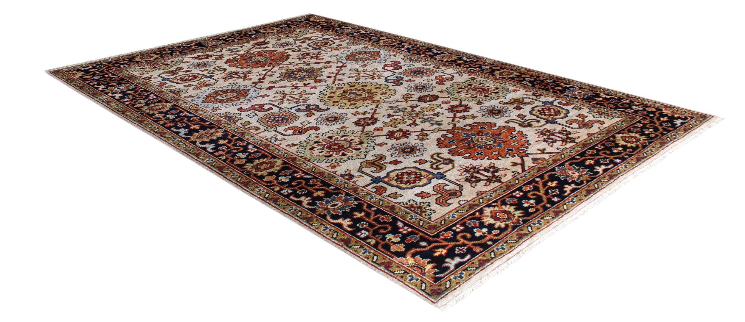 Classic Persian Herati Rug in Ivory with Navy, Rust, and Olive Accents