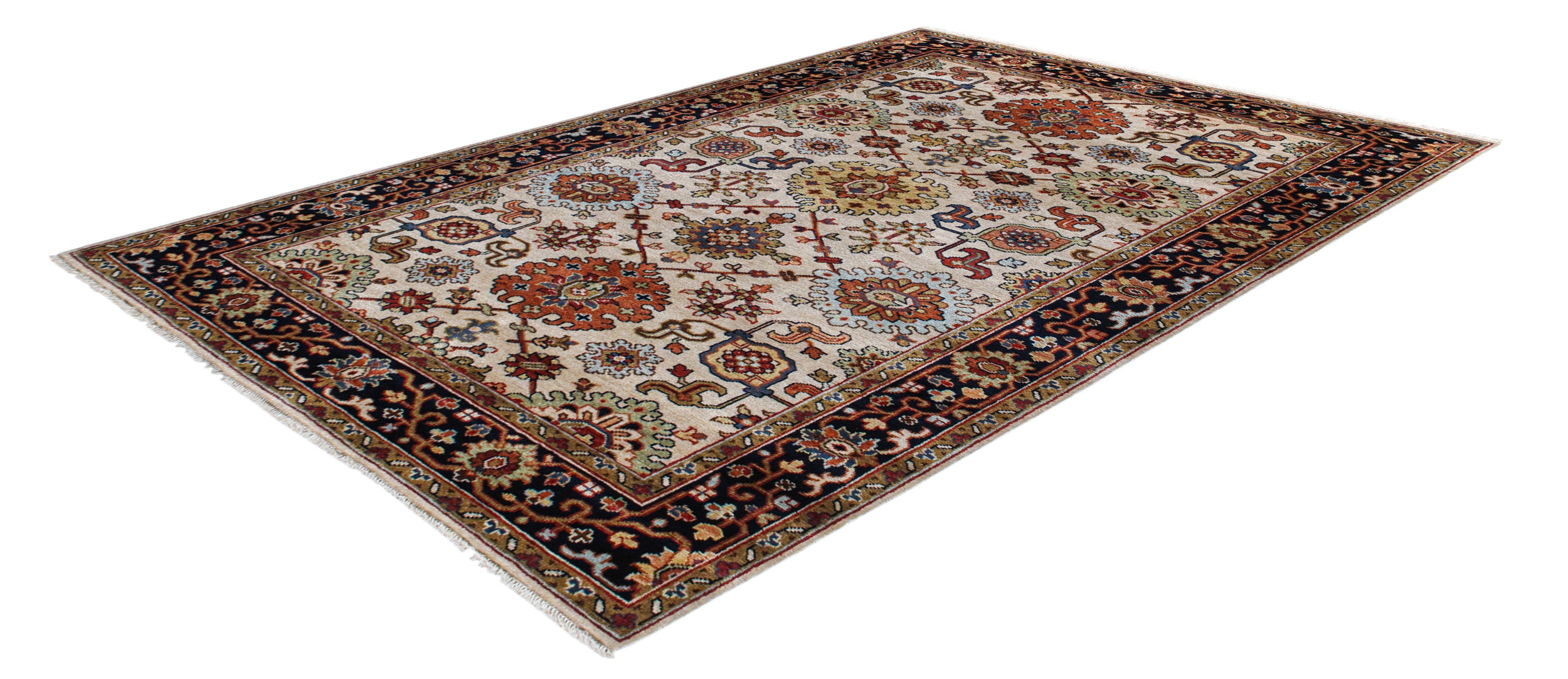 Classic Persian Herati Rug in Ivory with Navy, Rust, and Olive Accents