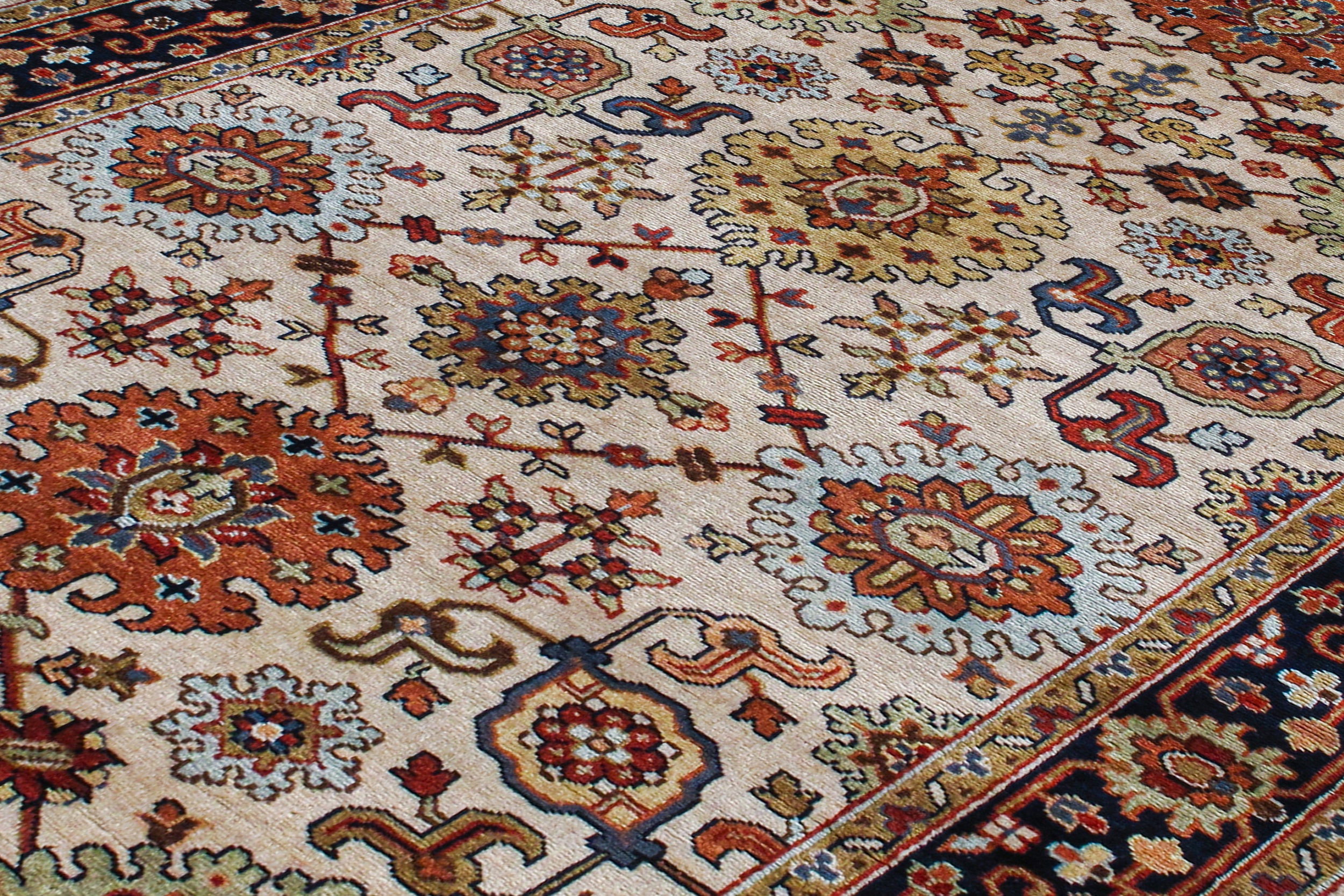 Classic Persian Herati Rug in Ivory with Navy, Rust, and Olive Accents