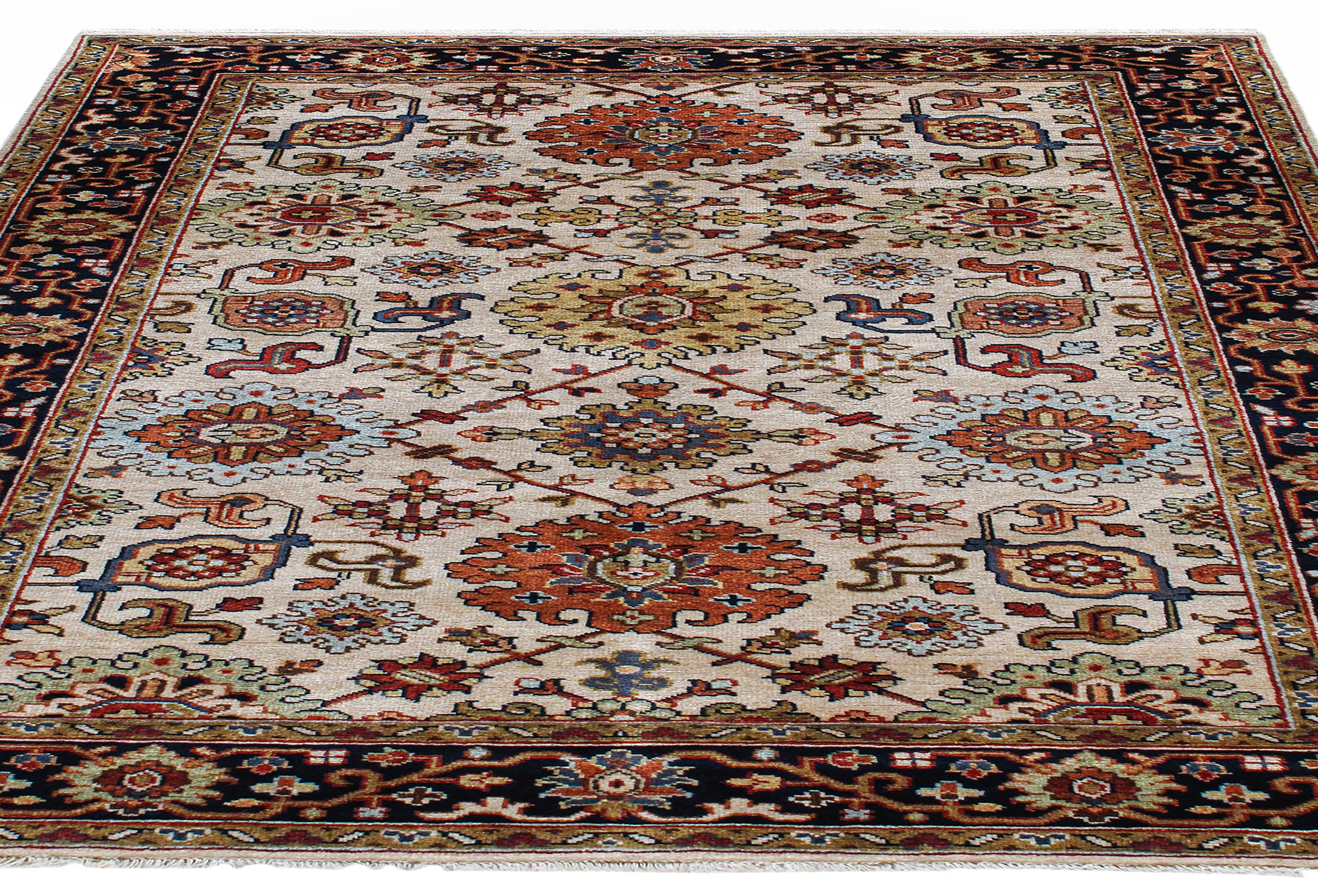 Classic Persian Herati Rug in Ivory with Navy, Rust, and Olive Accents