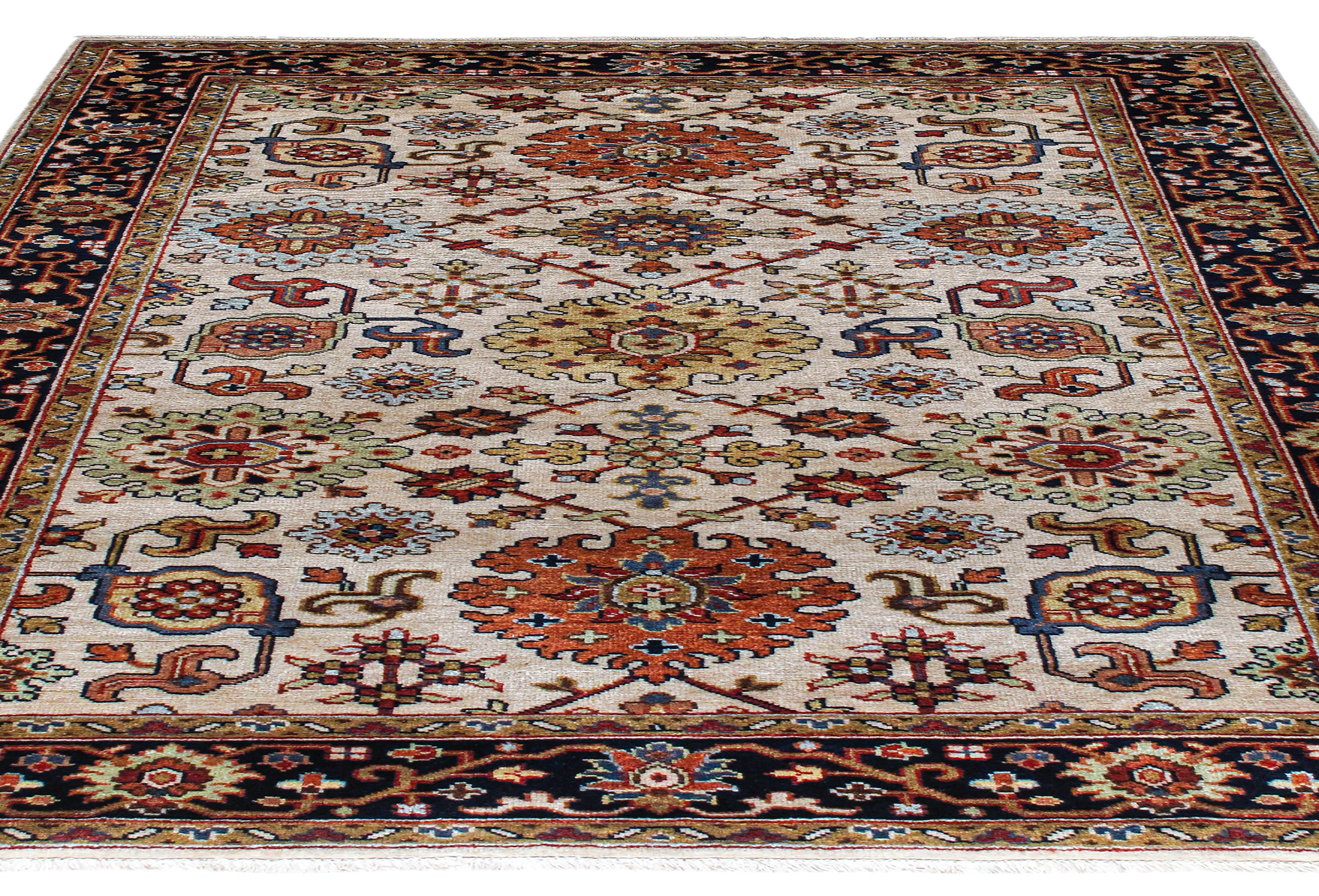 Classic Persian Herati Rug in Ivory with Navy, Rust, and Olive Accents