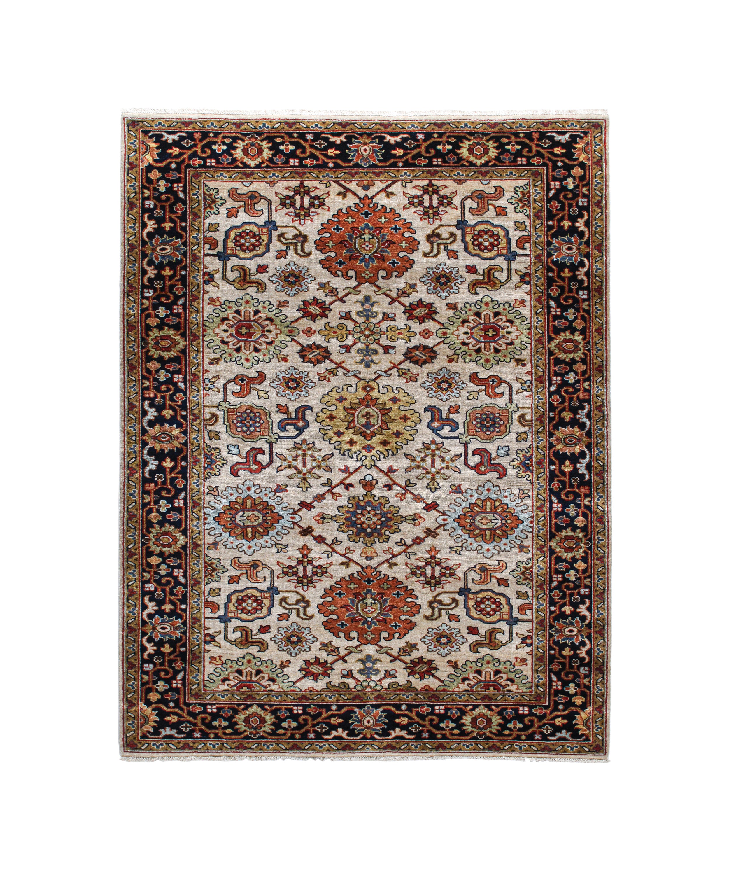 Classic Persian Herati Rug in Ivory with Navy, Rust, and Olive Accents