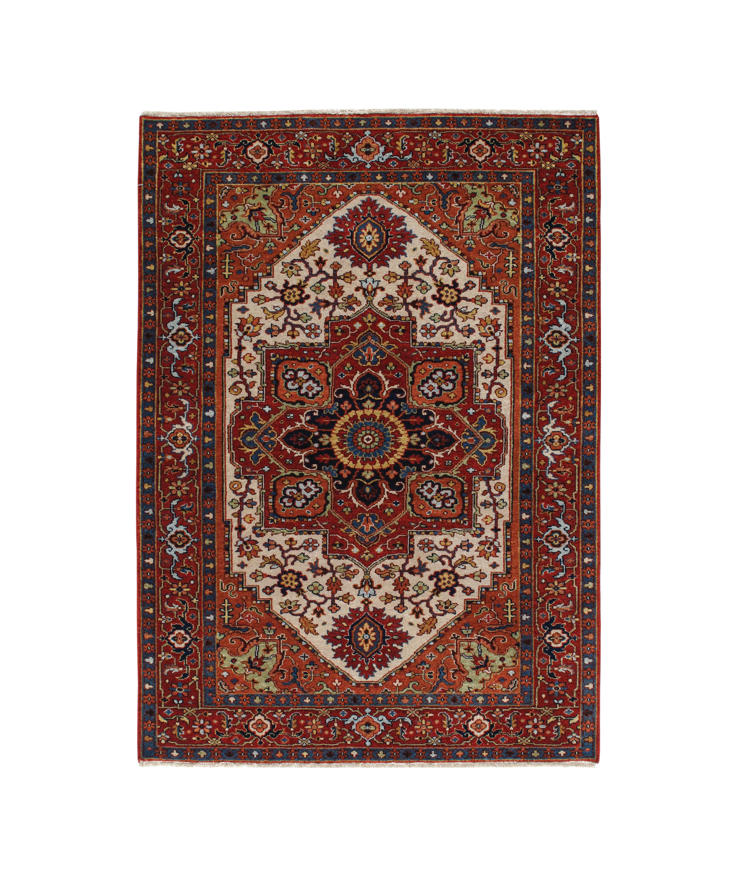 Vintage Persian Heriz Rug with Central Medallion in Rich Red, Ivory, and Indigo