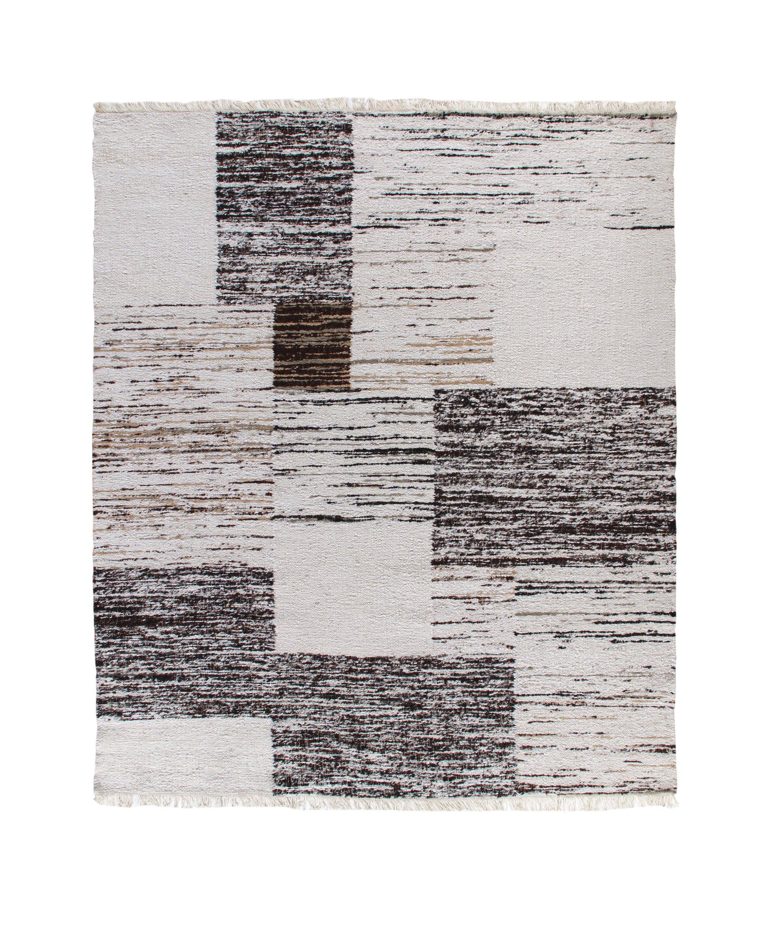 Monochrome Abstract Wool Rug in Charcoal, Ivory, and Taupe Blocks