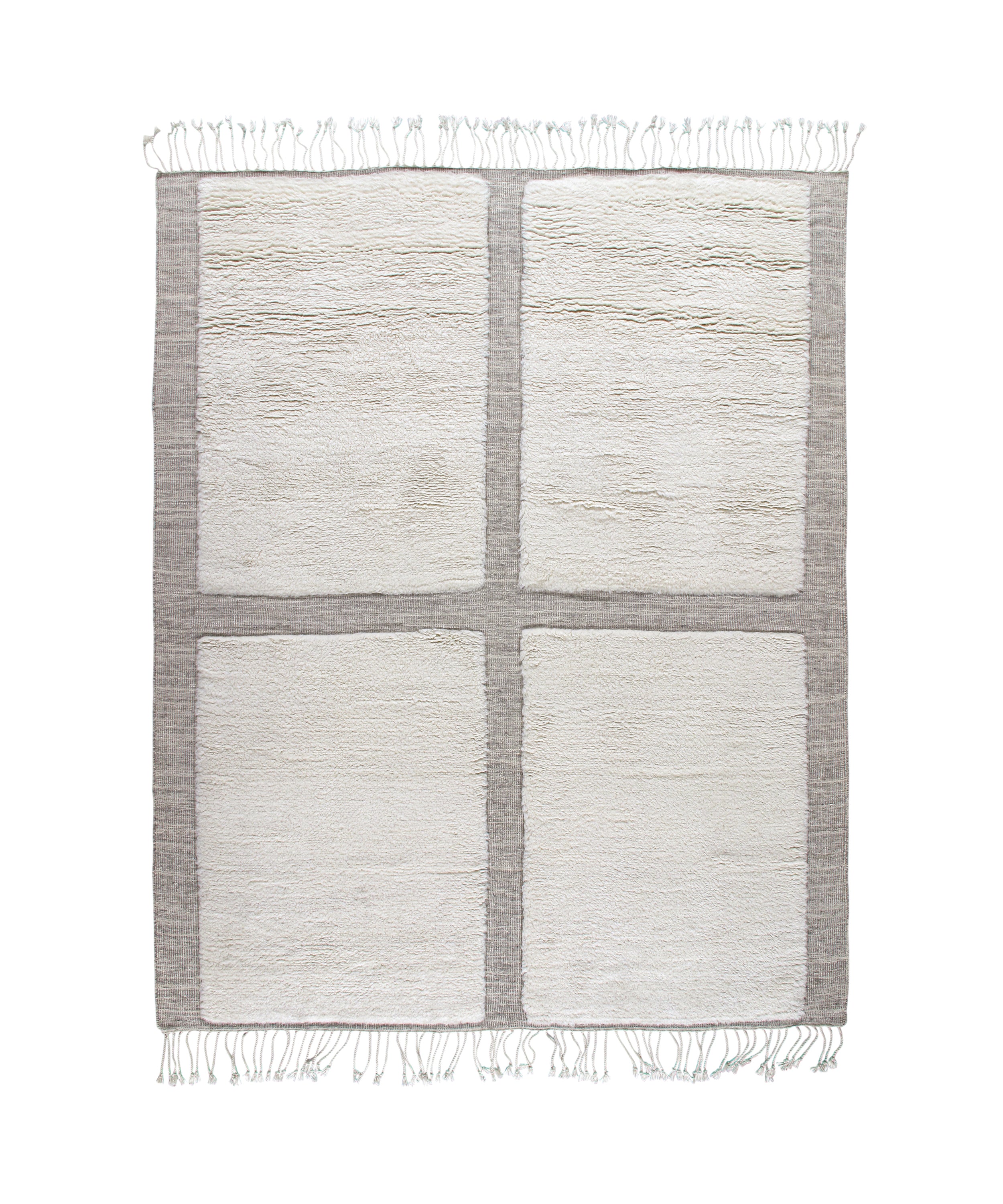 Textured Grid Wool Rug in Ivory and Taupe with Fringe Detail