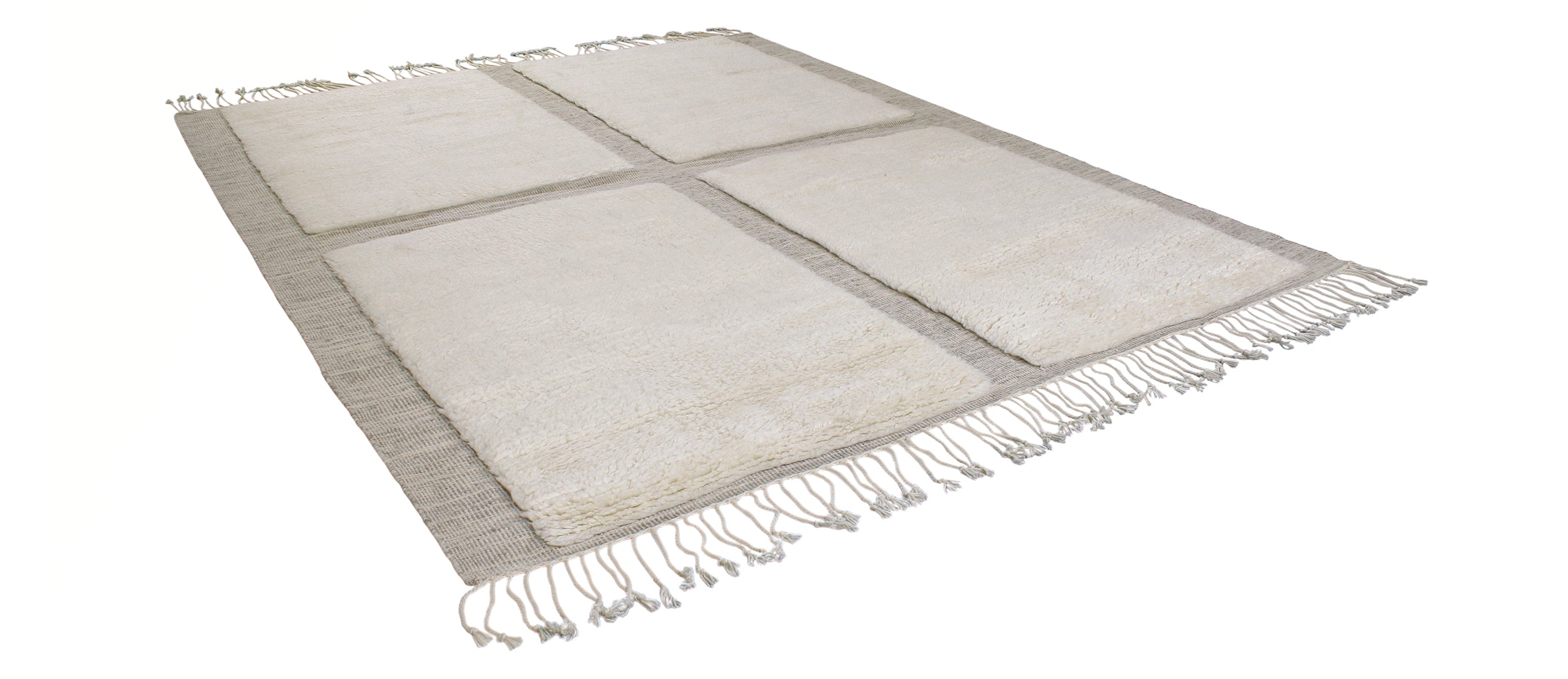 Textured Grid Wool Rug in Ivory and Taupe with Fringe Detail