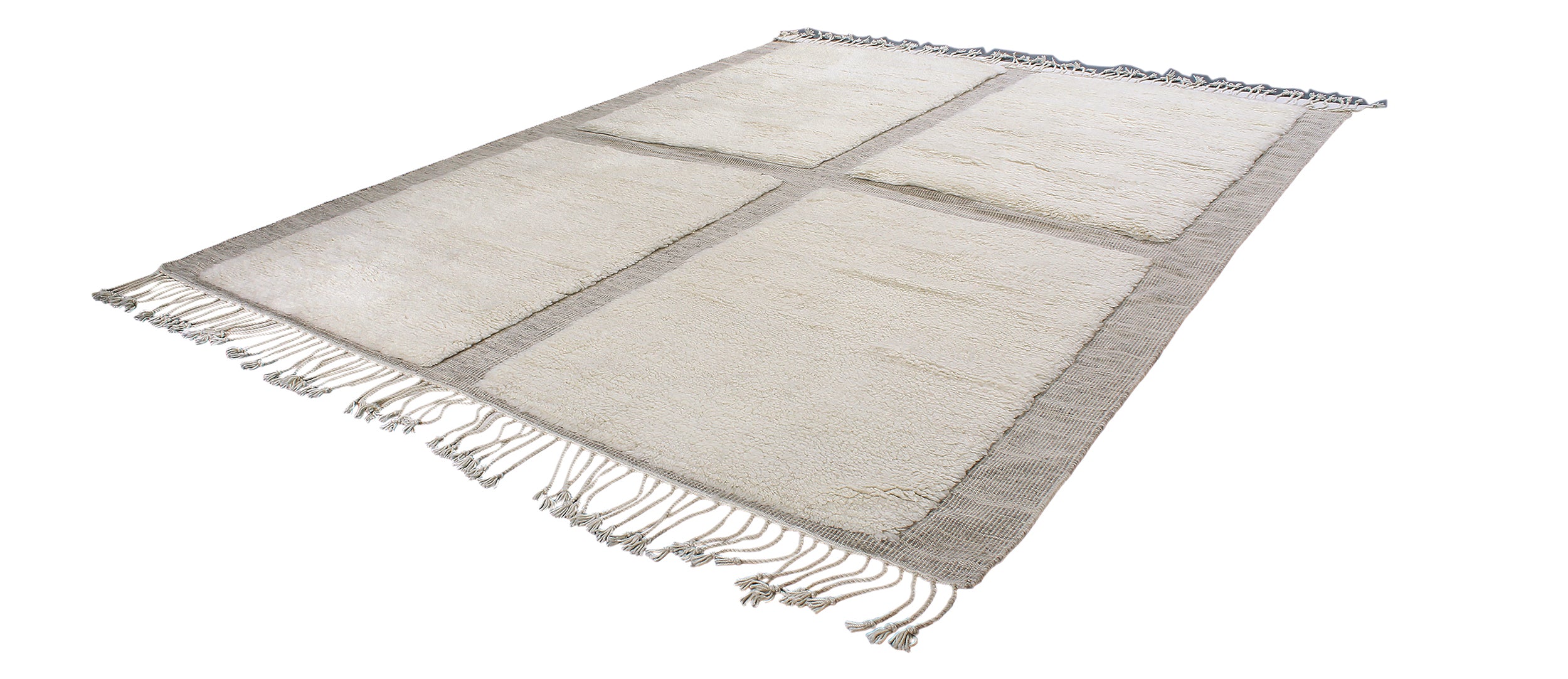 Textured Grid Wool Rug in Ivory and Taupe with Fringe Detail