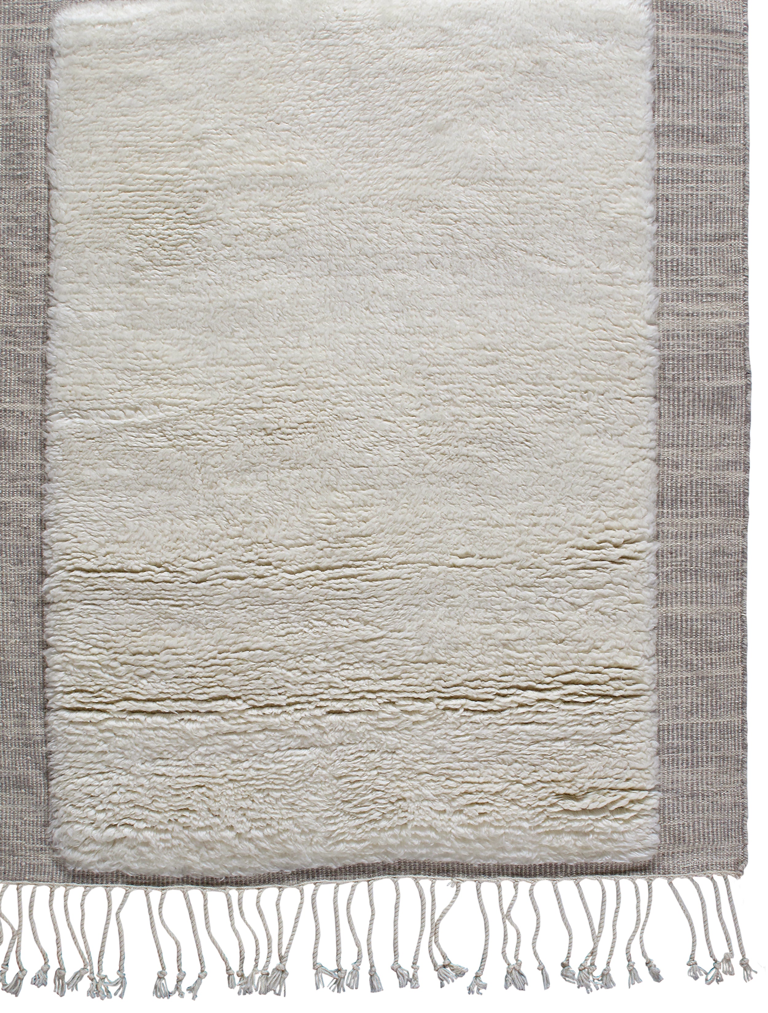 Textured Grid Wool Rug in Ivory and Taupe with Fringe Detail