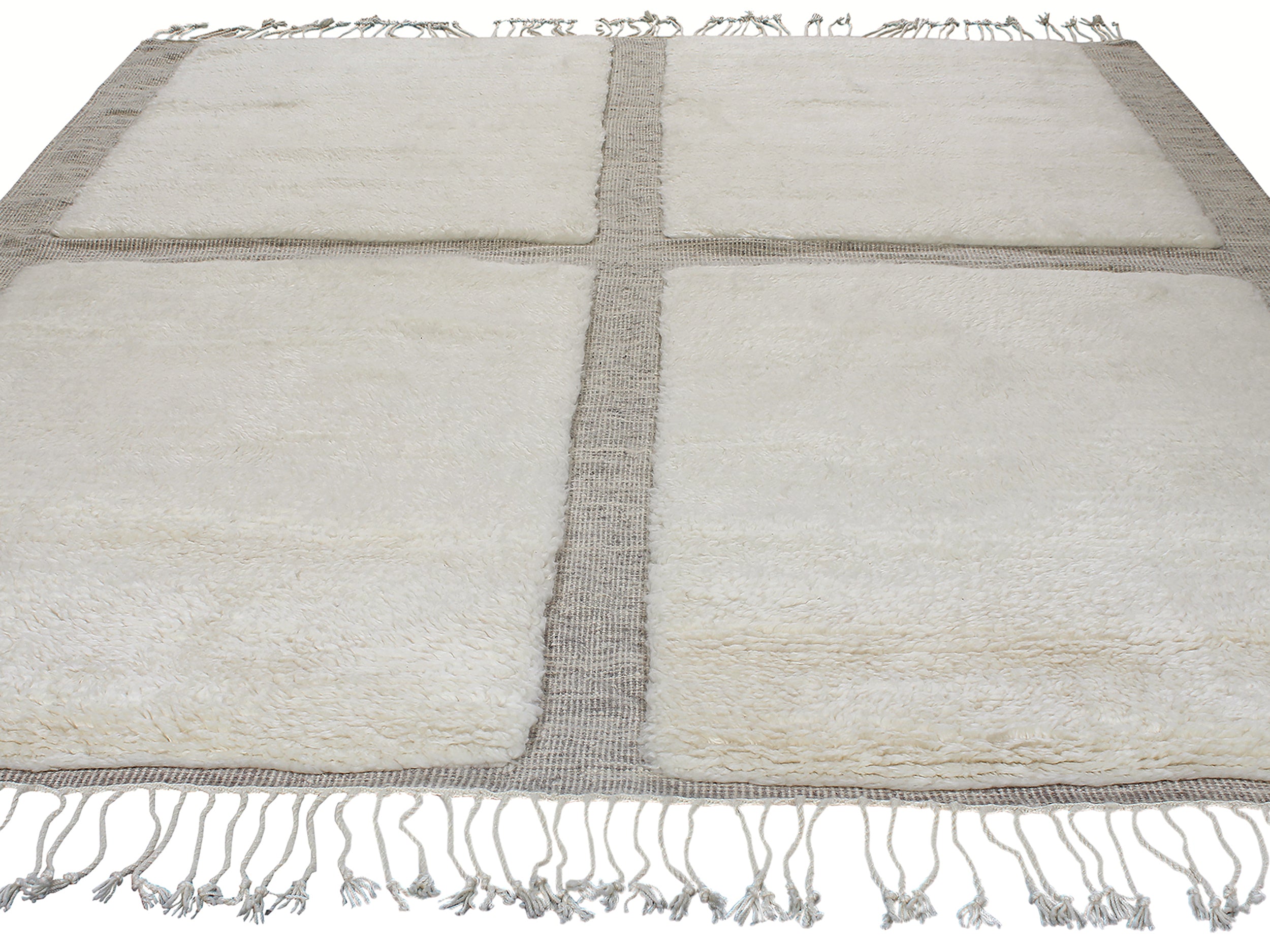 Textured Grid Wool Rug in Ivory and Taupe with Fringe Detail