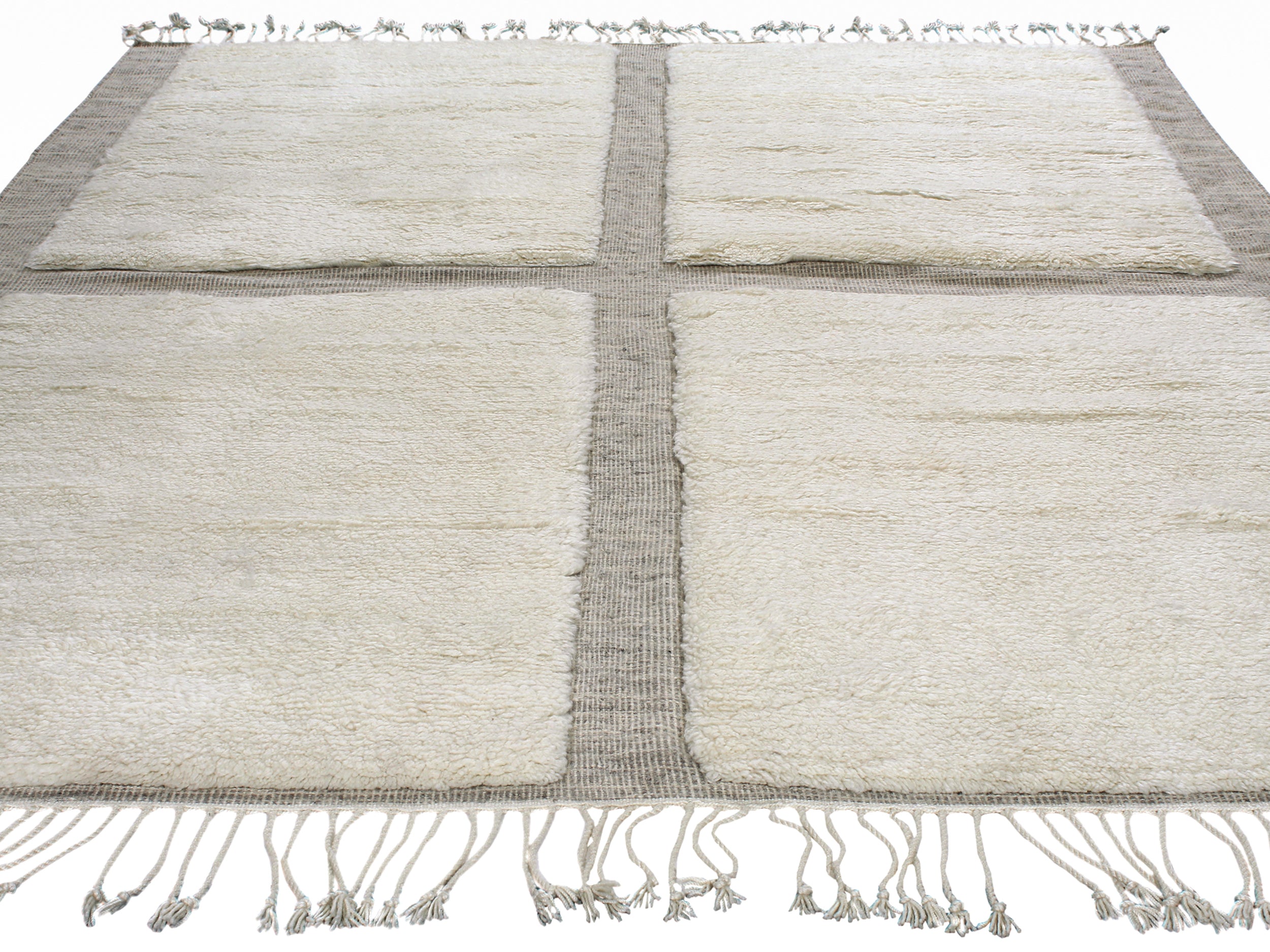 Textured Grid Wool Rug in Ivory and Taupe with Fringe Detail