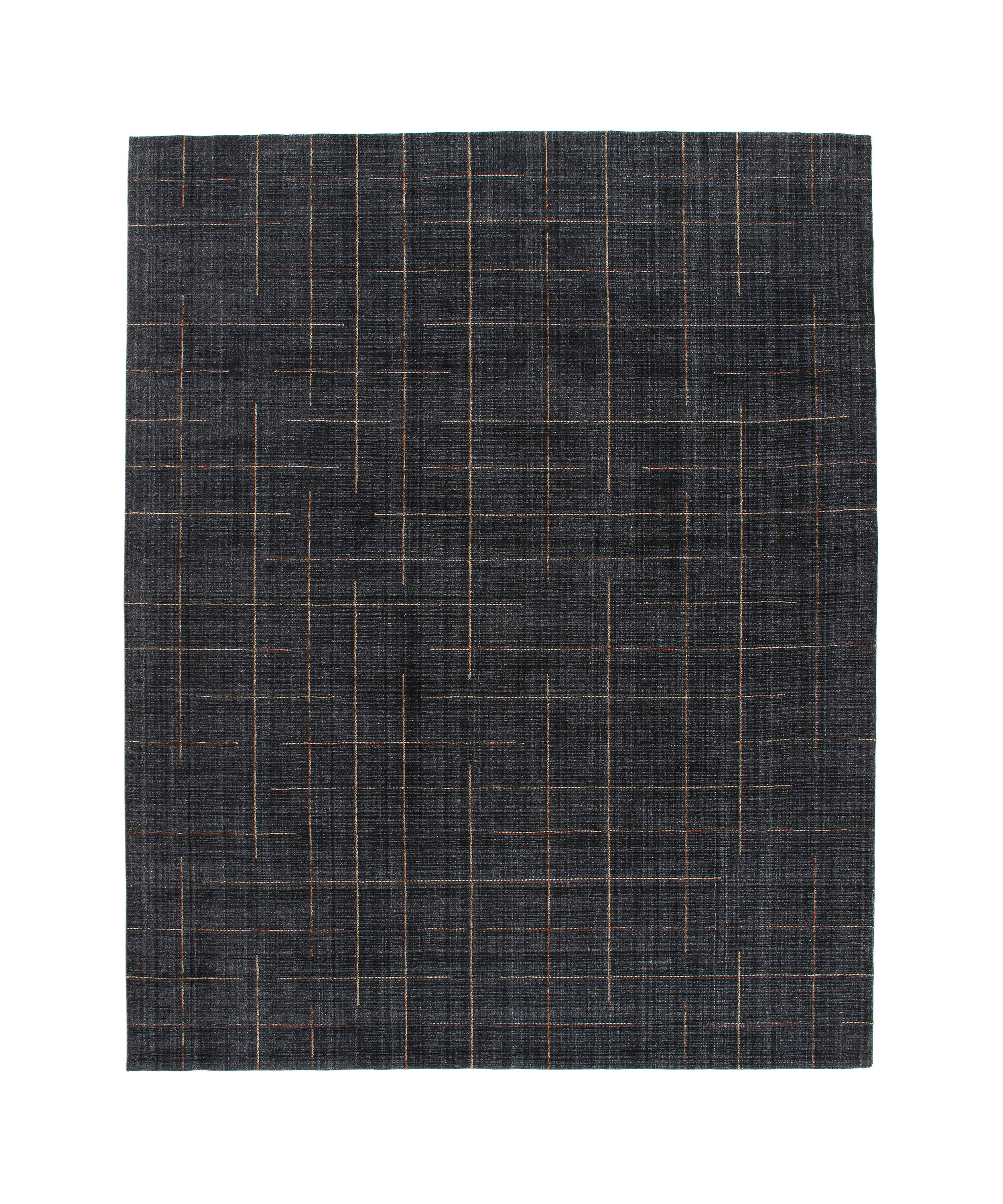 Charcoal Wool Rug with Linear Copper and Taupe Stitch Pattern