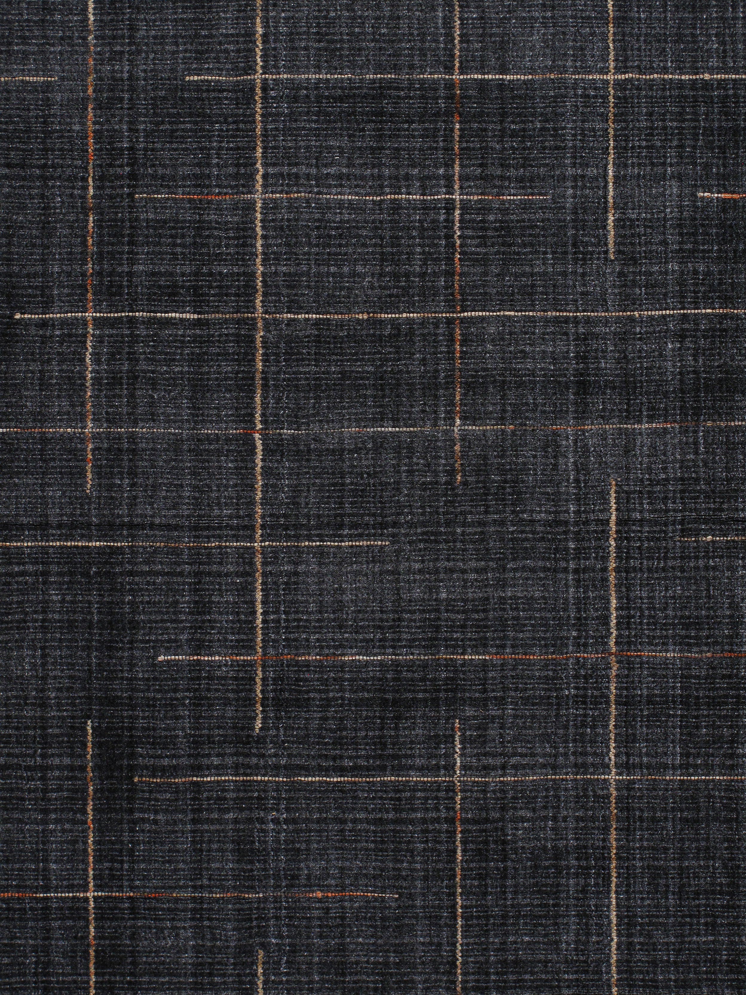 Charcoal Wool Rug with Linear Copper and Taupe Stitch Pattern