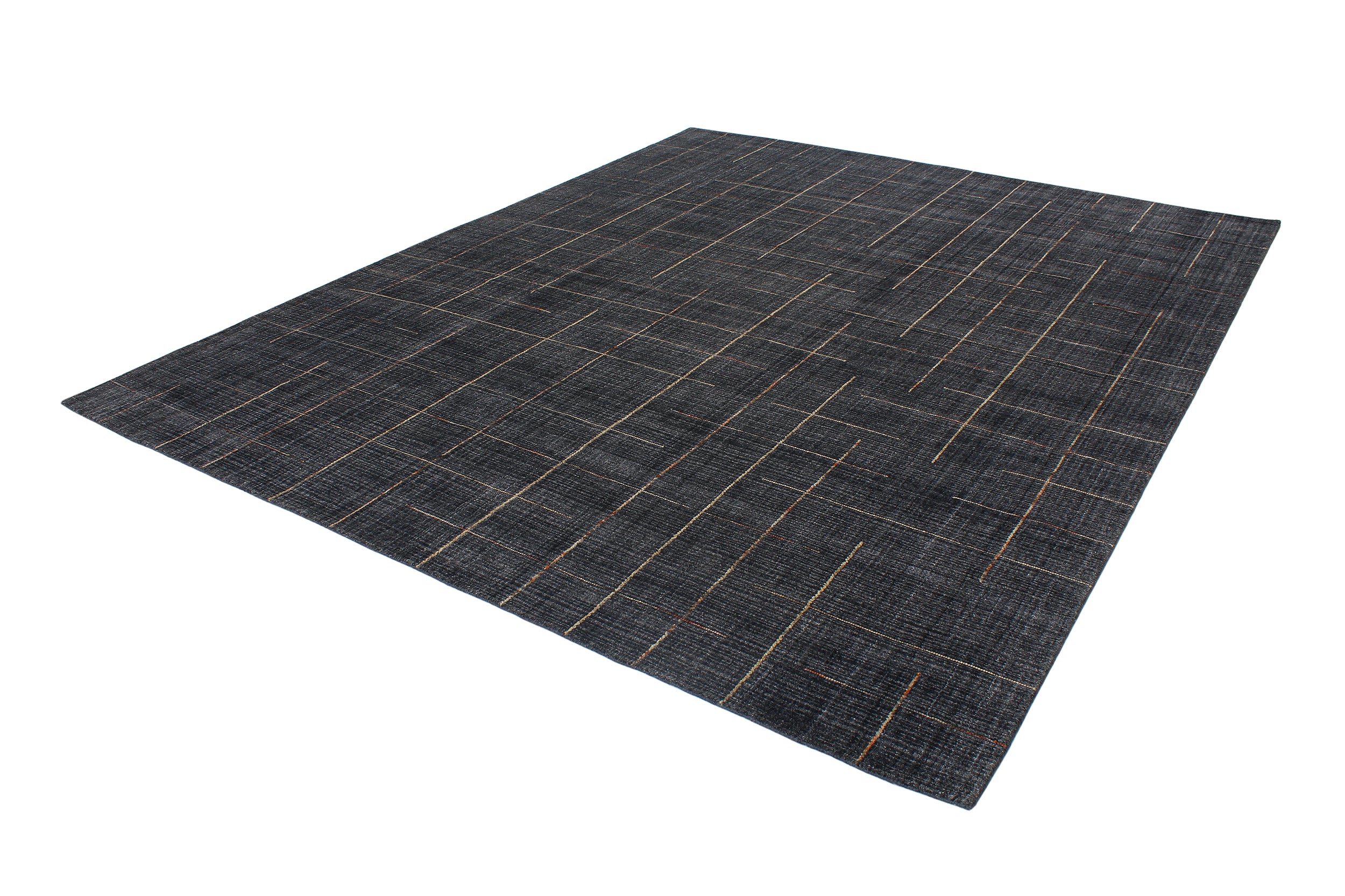 Charcoal Wool Rug with Linear Copper and Taupe Stitch Pattern