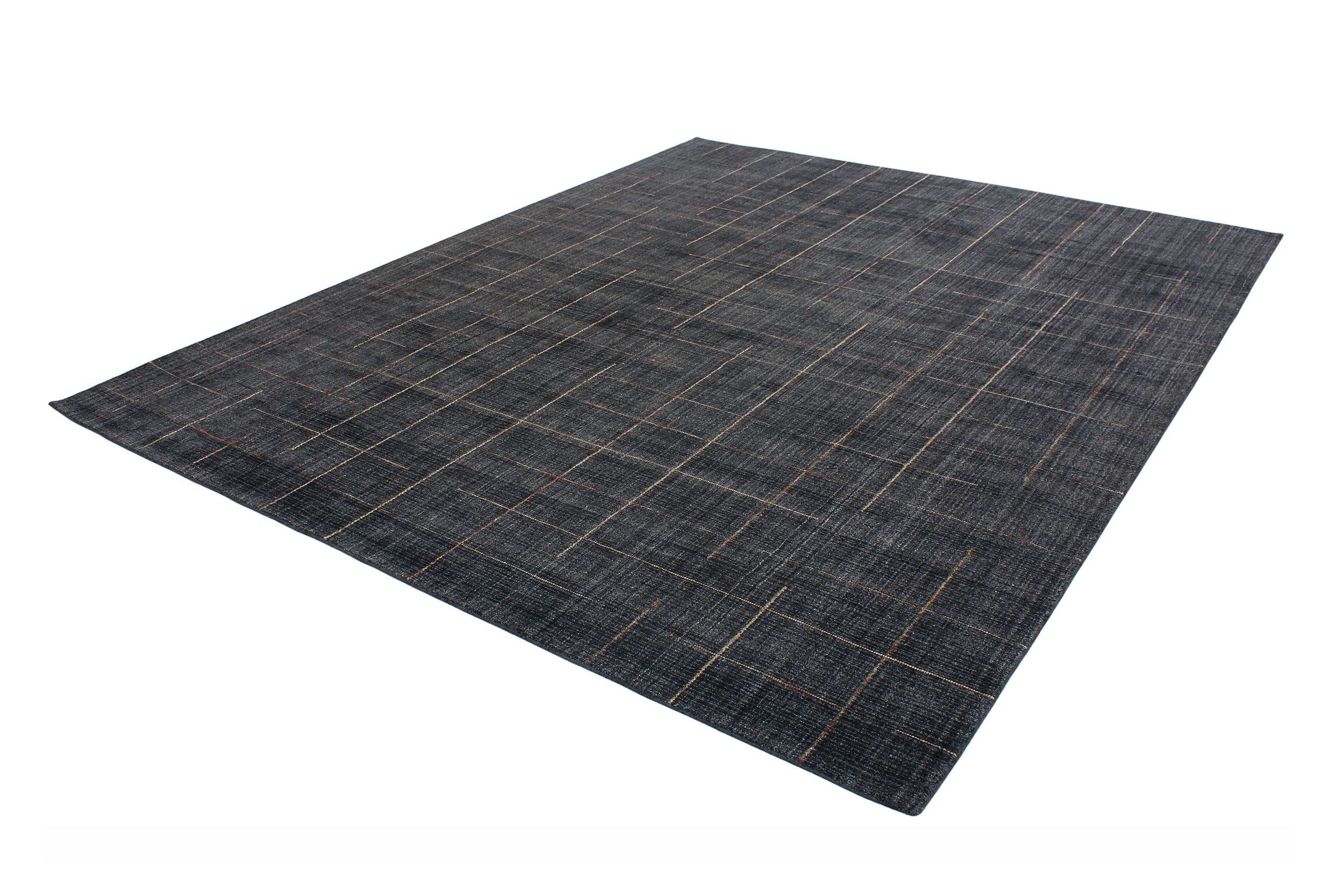 Charcoal Wool Rug with Linear Copper and Taupe Stitch Pattern