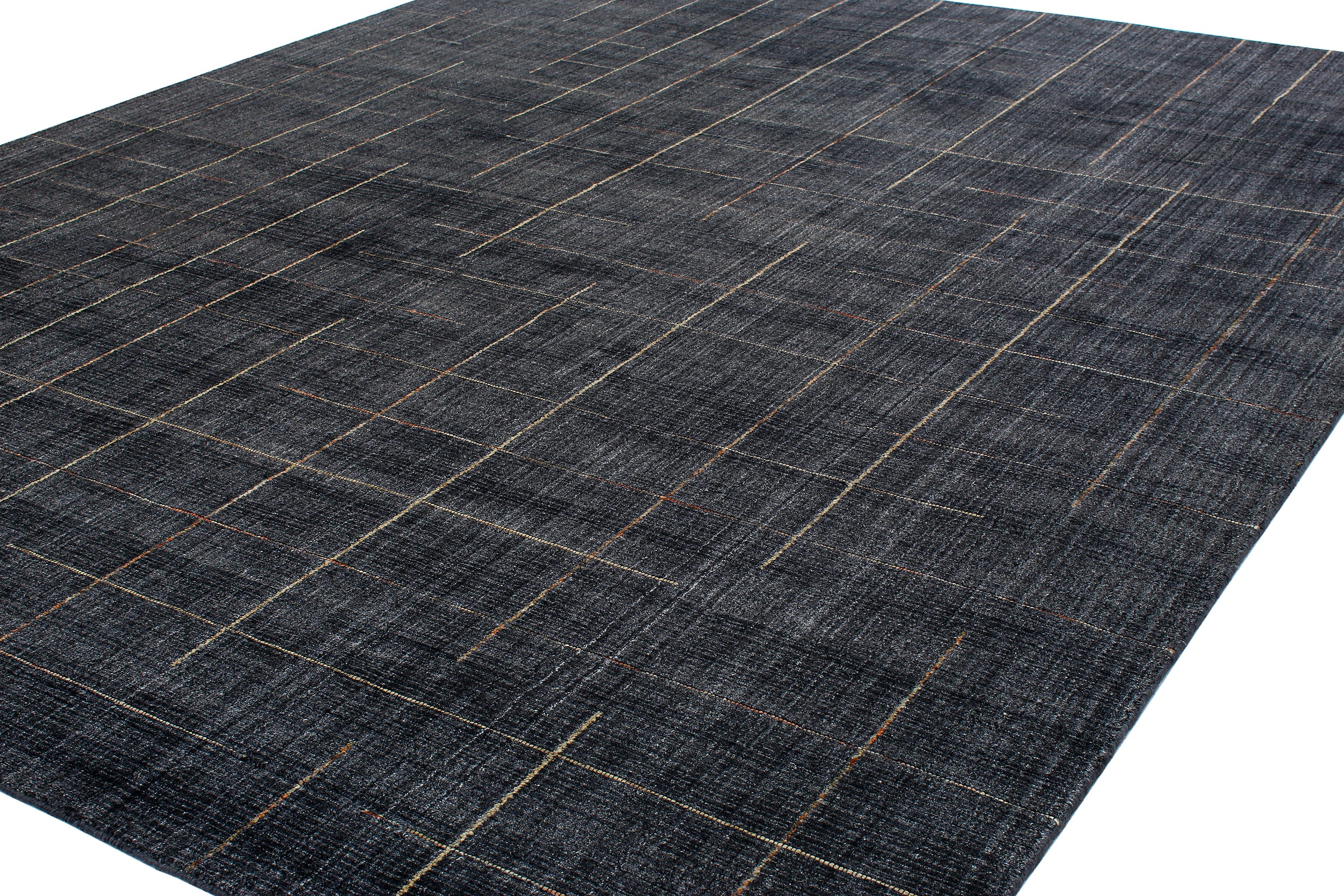 Charcoal Wool Rug with Linear Copper and Taupe Stitch Pattern
