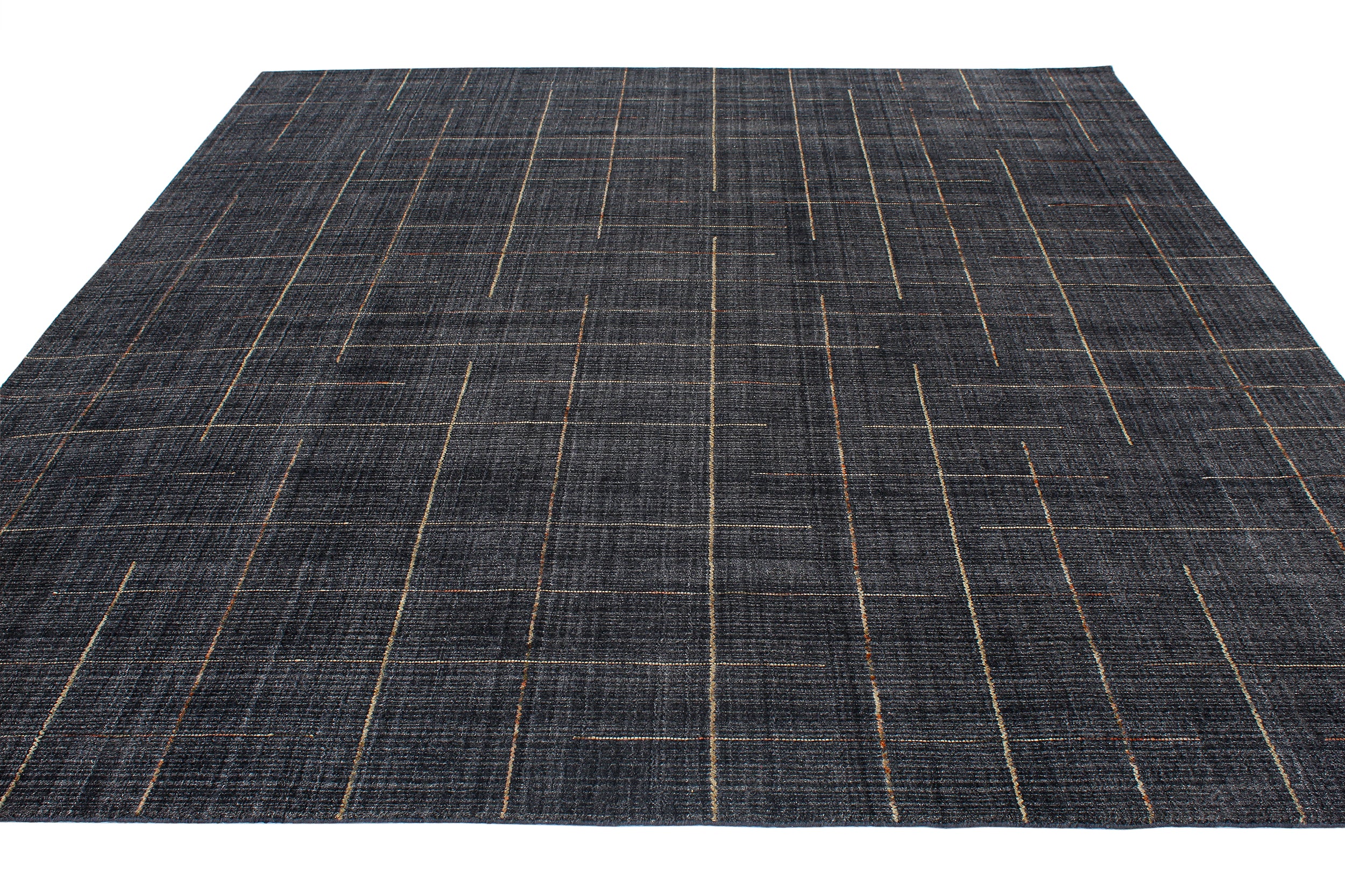Charcoal Wool Rug with Linear Copper and Taupe Stitch Pattern