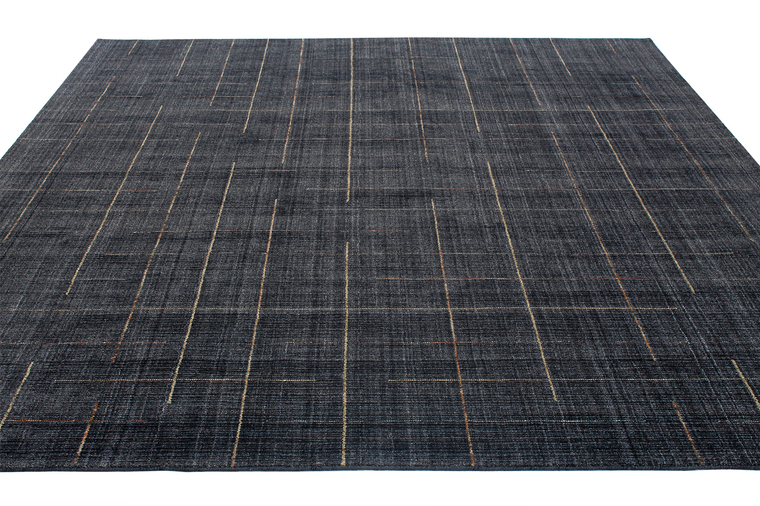 Charcoal Wool Rug with Linear Copper and Taupe Stitch Pattern