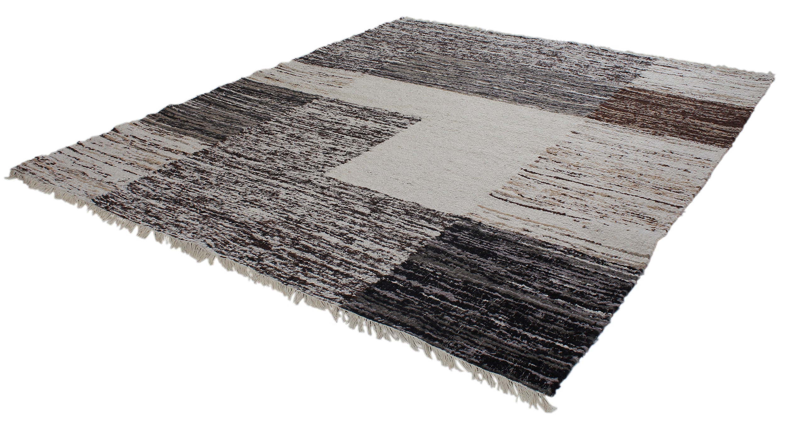 Modern Block Wool Rug in Black, Taupe, and Ivory with Brushed Texture