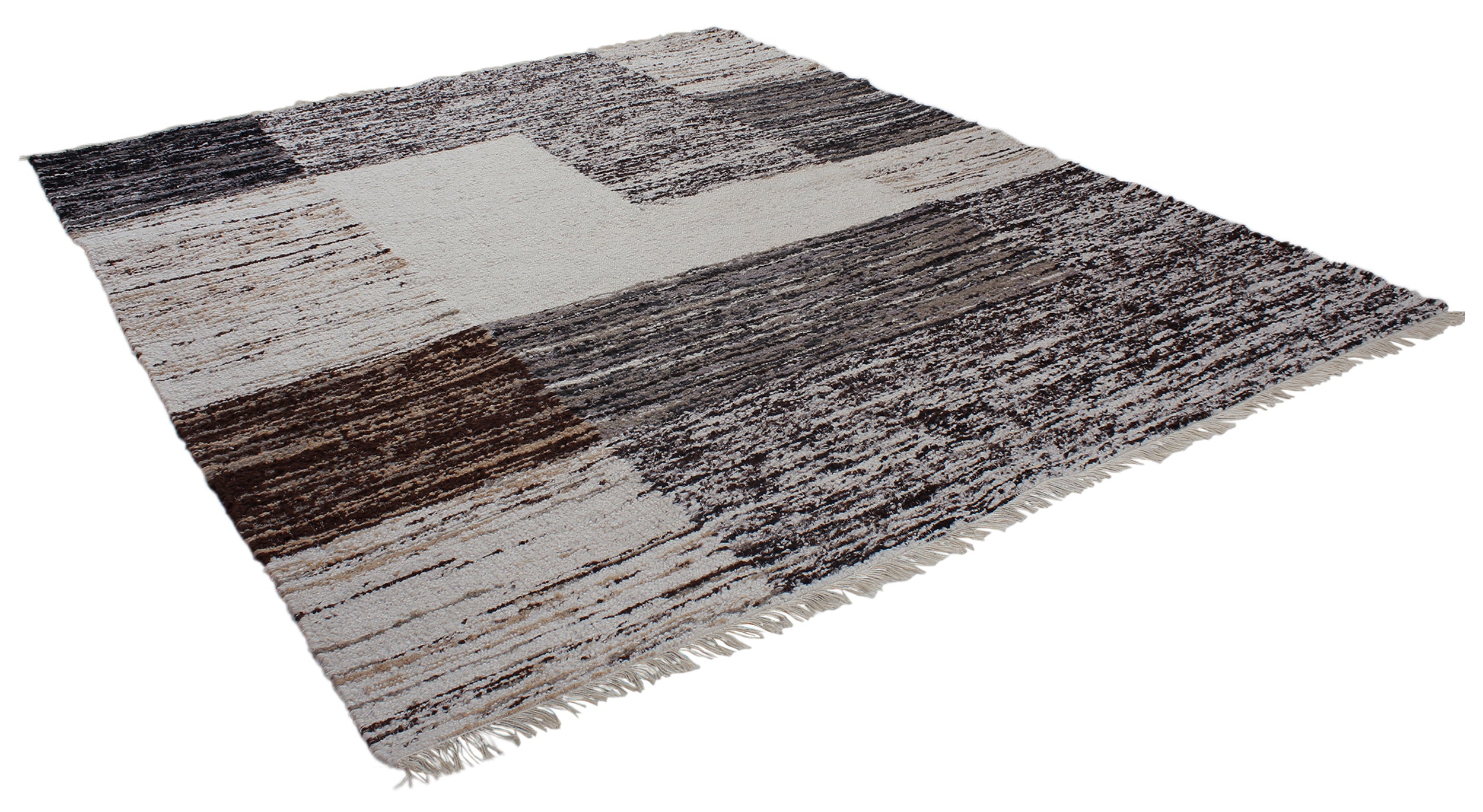 Modern Block Wool Rug in Black, Taupe, and Ivory with Brushed Texture