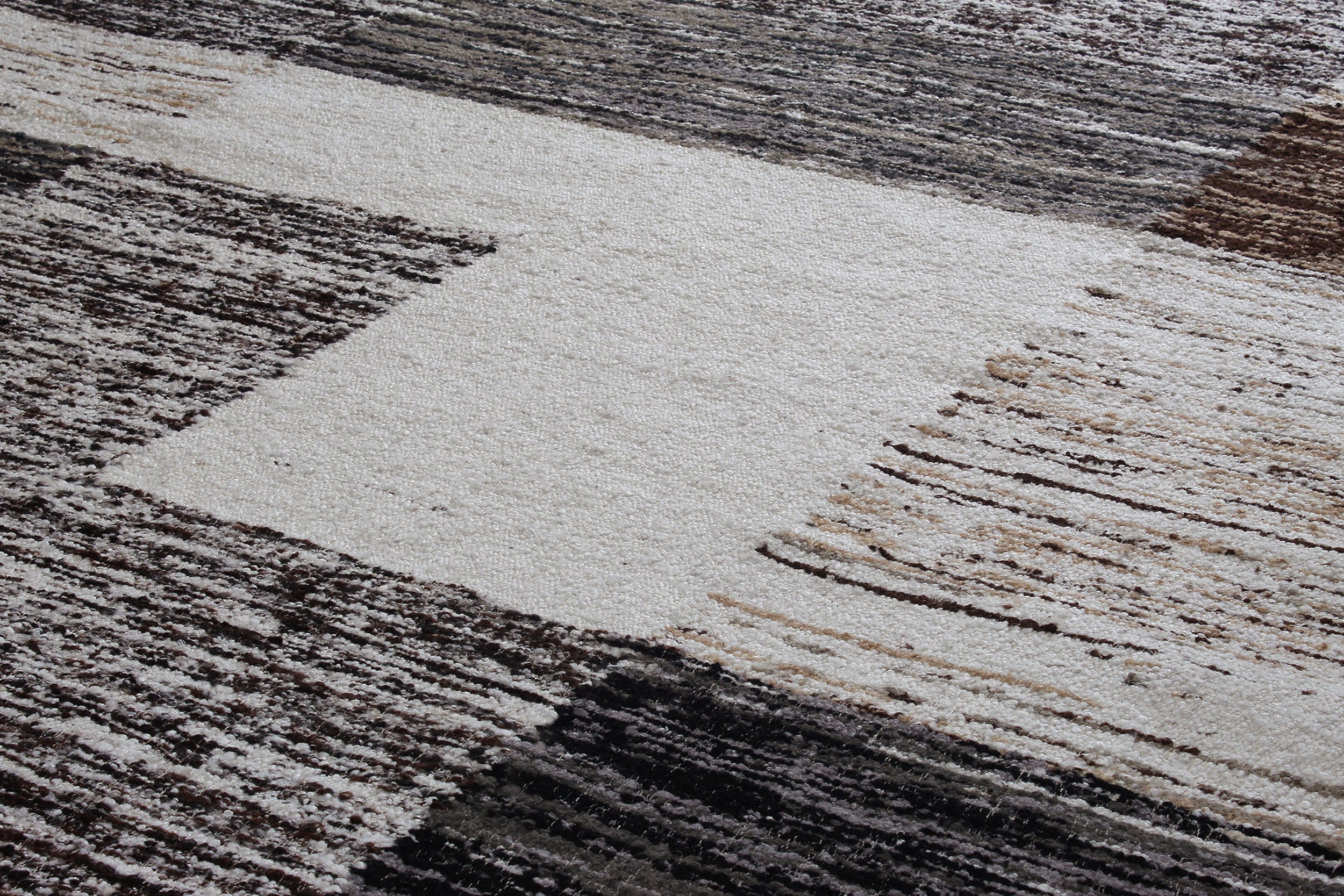 Modern Block Wool Rug in Black, Taupe, and Ivory with Brushed Texture