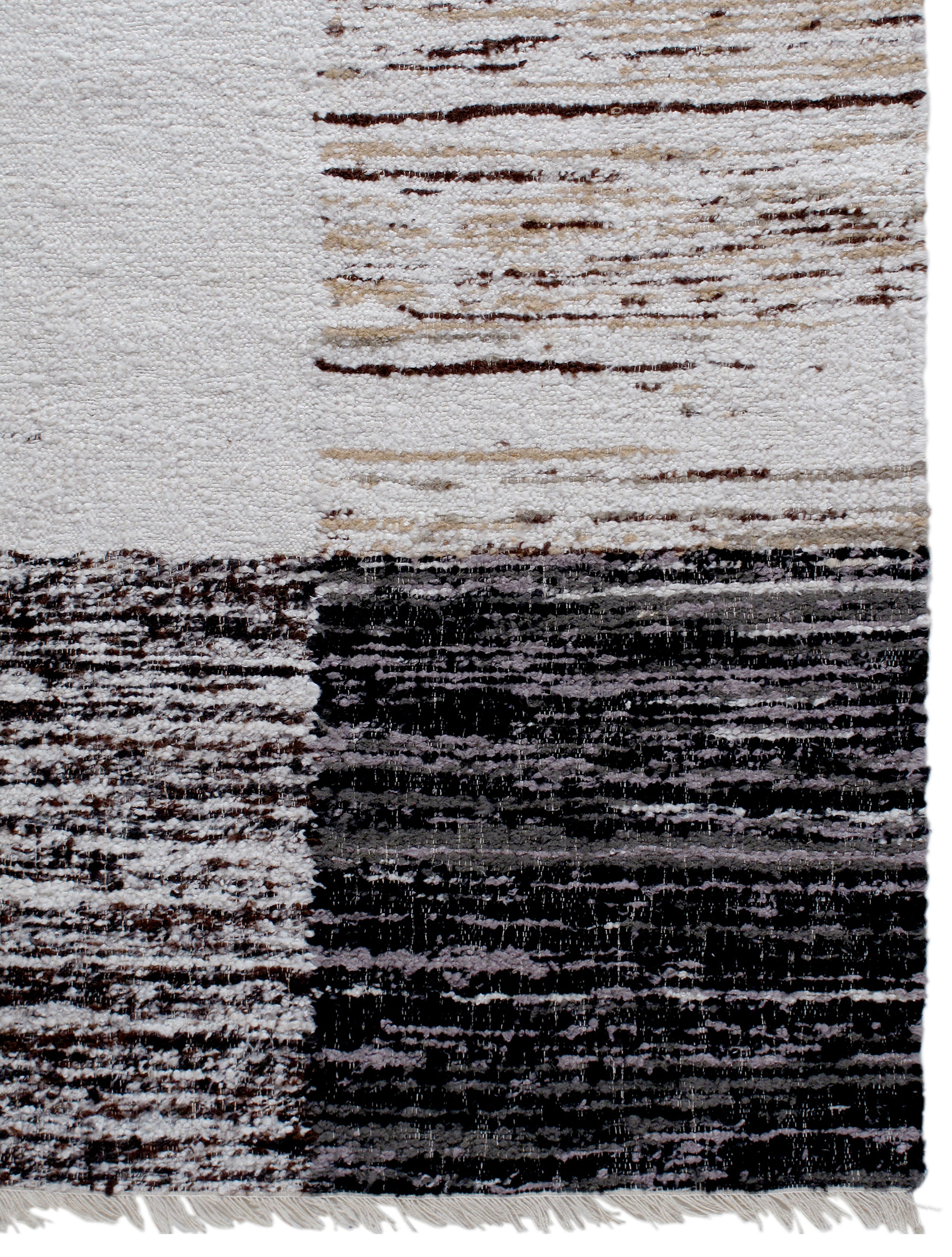 Modern Block Wool Rug in Black, Taupe, and Ivory with Brushed Texture
