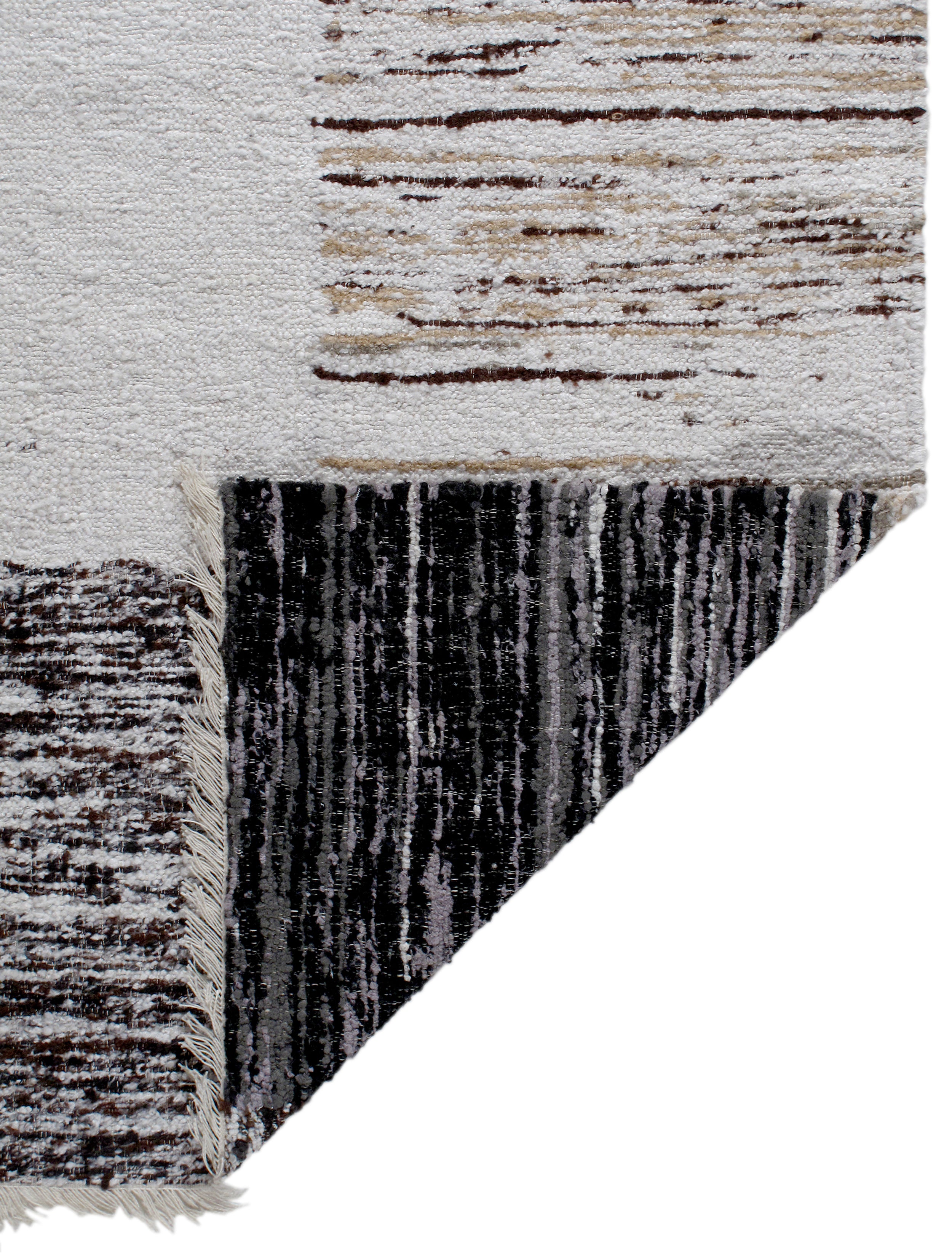 Modern Block Wool Rug in Black, Taupe, and Ivory with Brushed Texture
