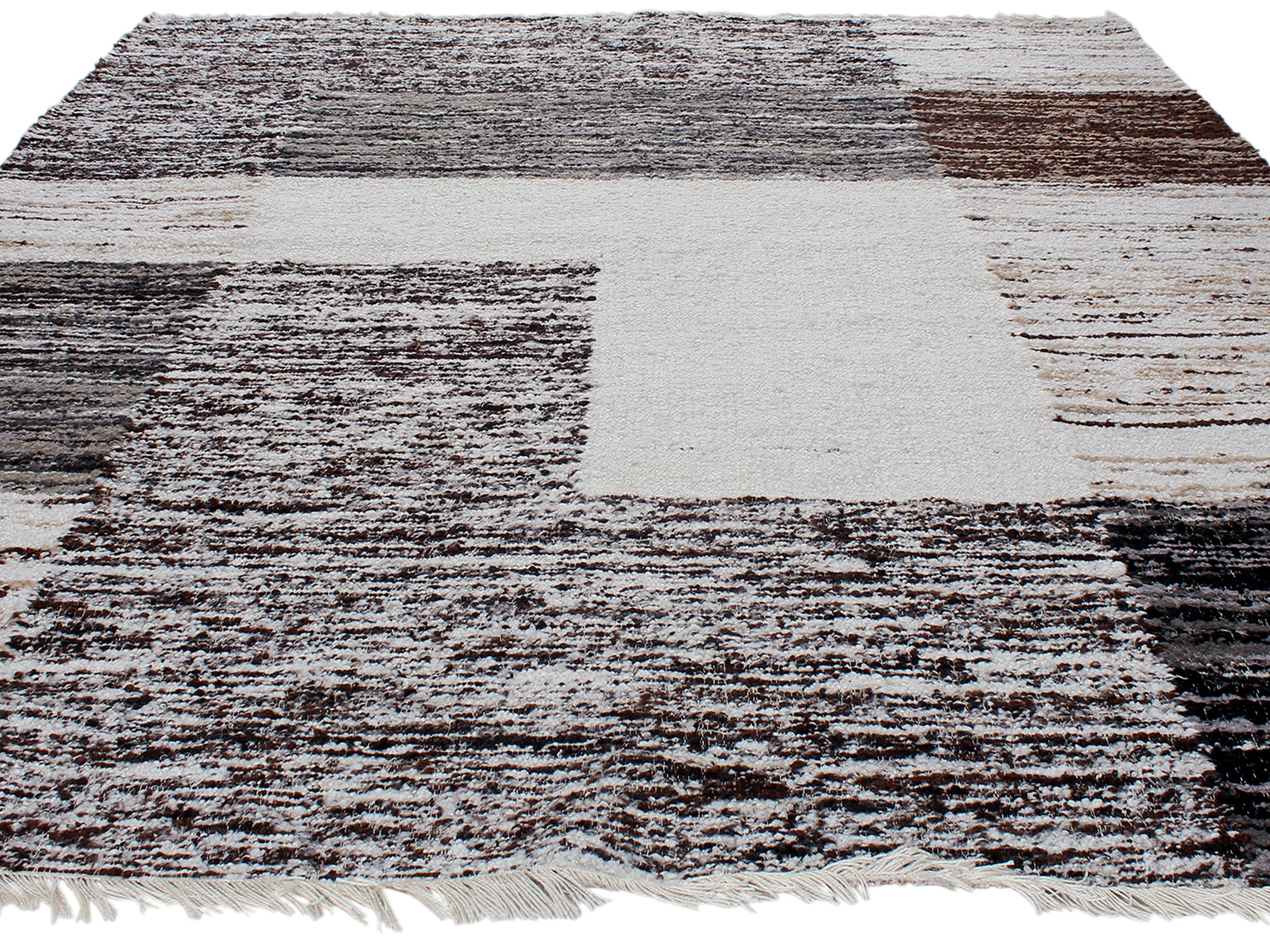 Modern Block Wool Rug in Black, Taupe, and Ivory with Brushed Texture