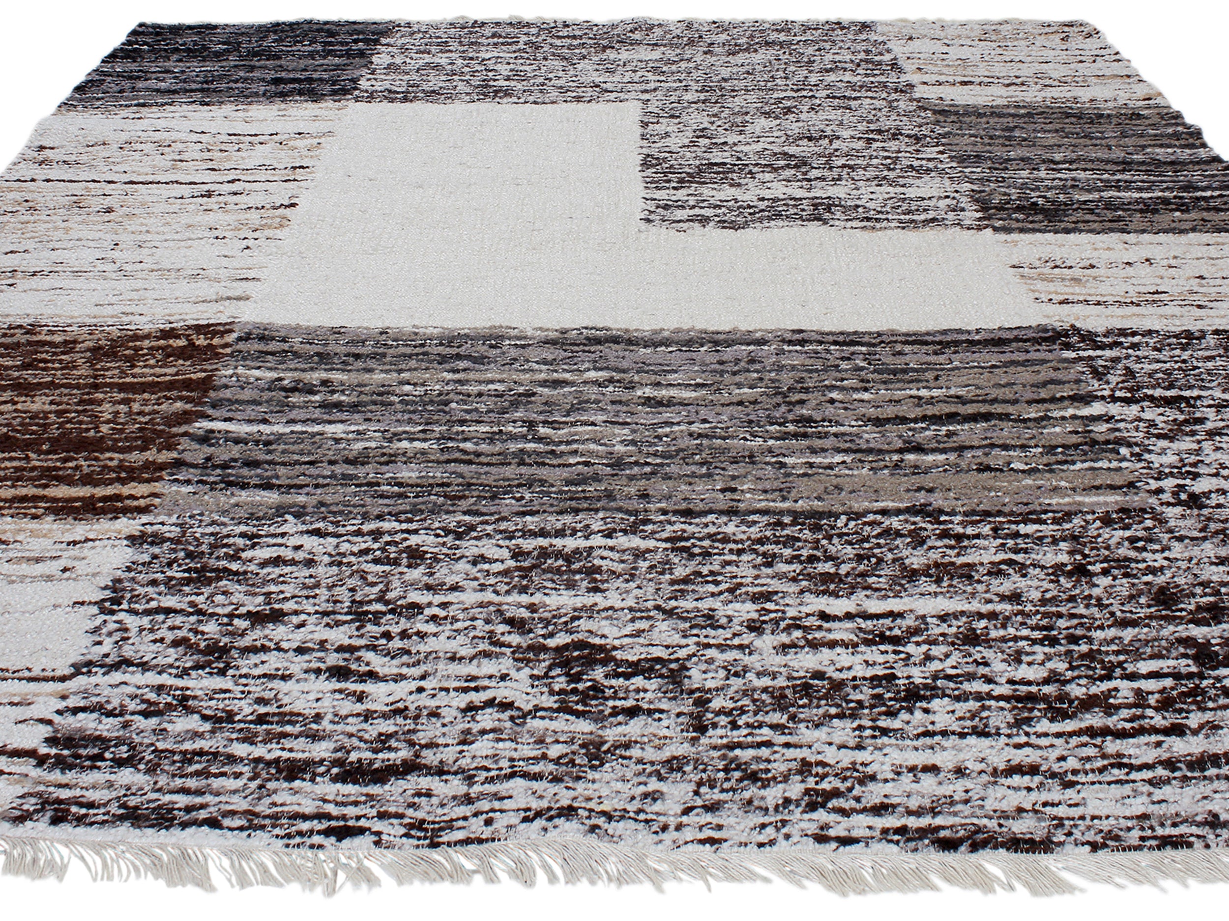 Modern Block Wool Rug in Black, Taupe, and Ivory with Brushed Texture