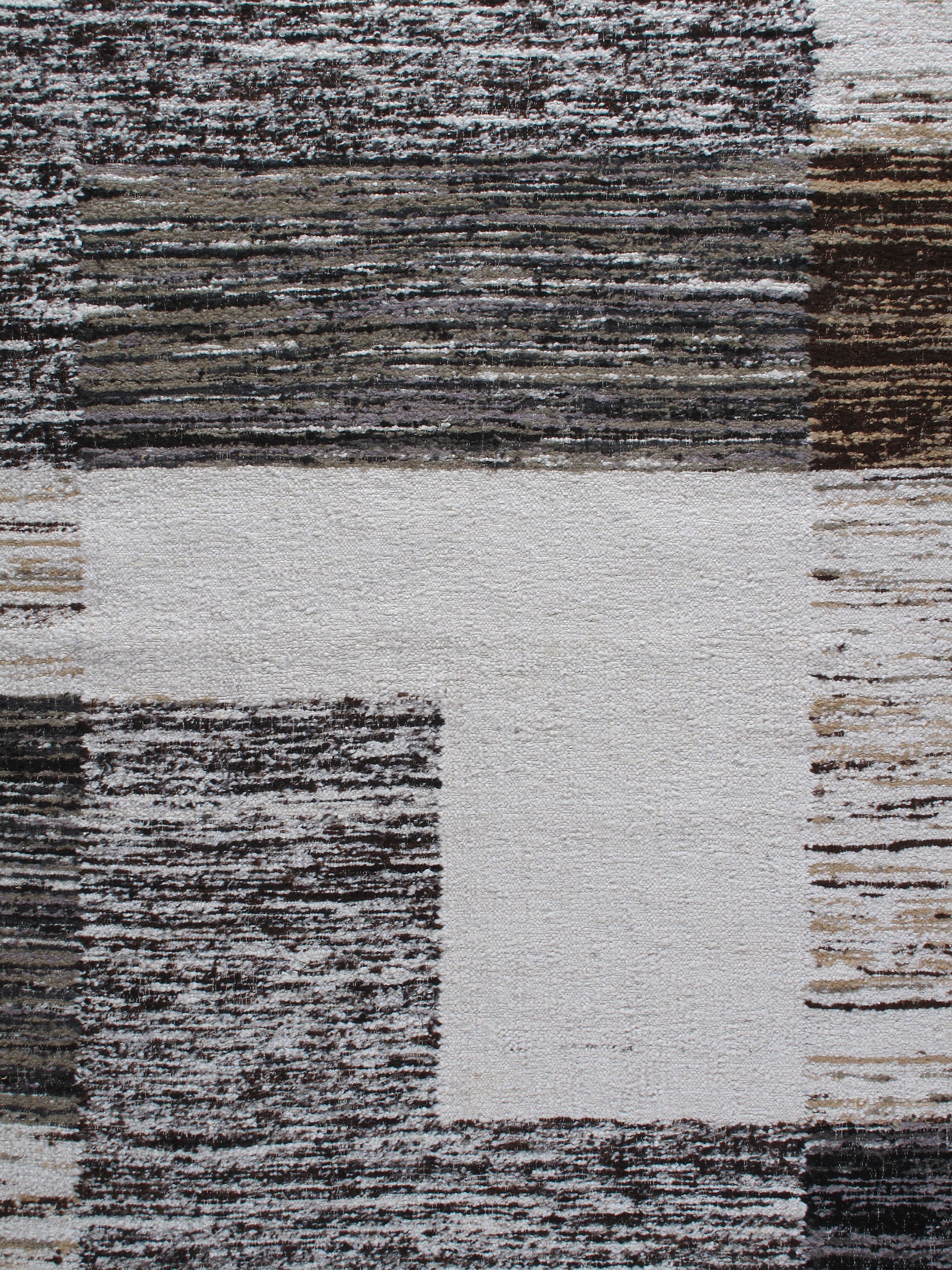 Modern Block Wool Rug in Black, Taupe, and Ivory with Brushed Texture