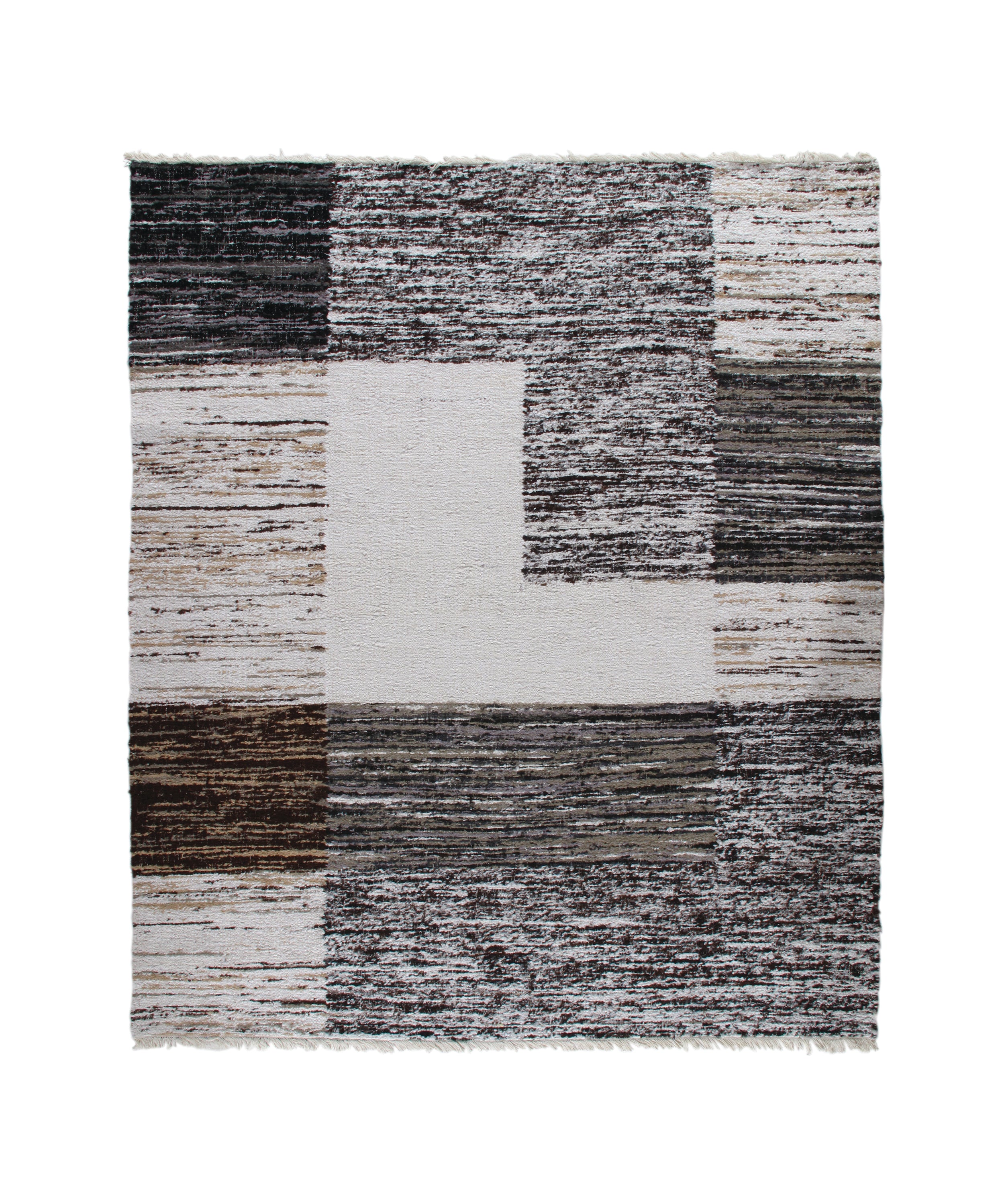 Modern Block Wool Rug in Black, Taupe, and Ivory with Brushed Texture