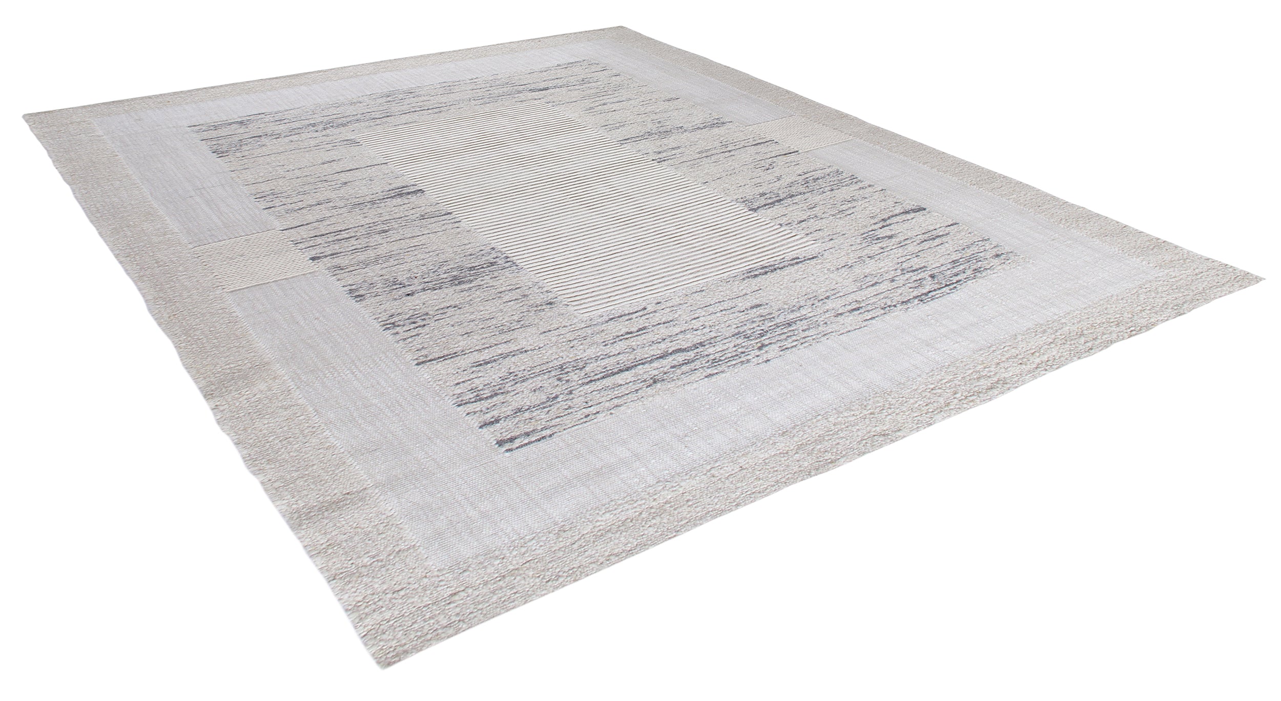 Contemporary Framed Wool Rug in Frosted Grey and Cloud White