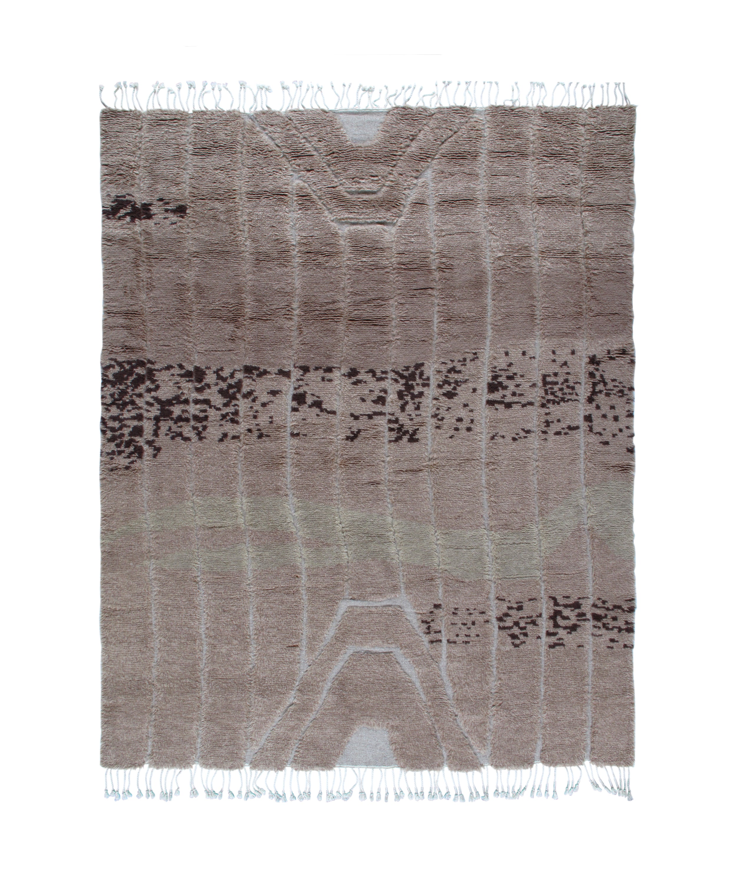 Artisan Wool Rug in Taupe with Tribal-Inspired Abstract and Fringe Edges