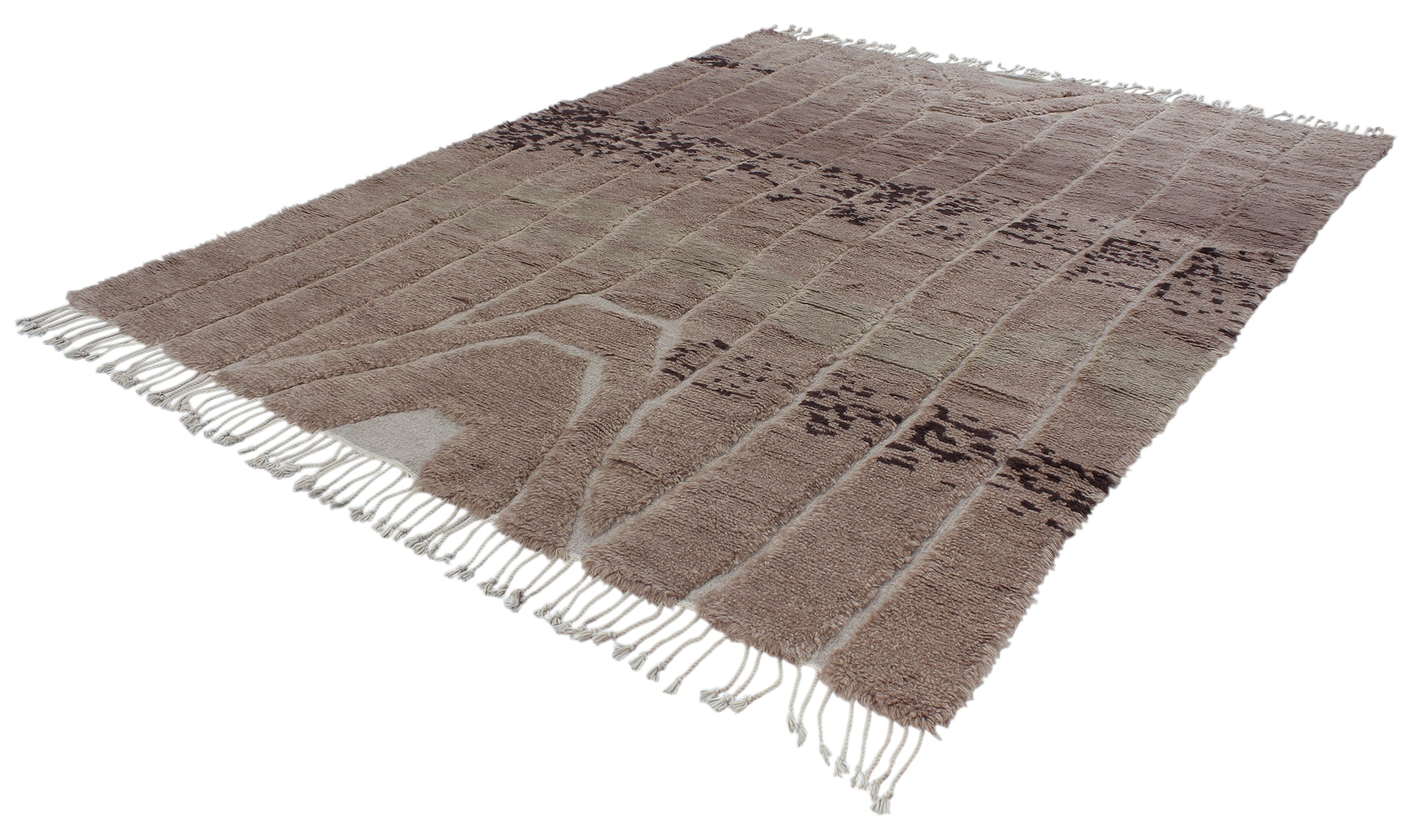 Artisan Wool Rug in Taupe with Tribal-Inspired Abstract and Fringe Edges