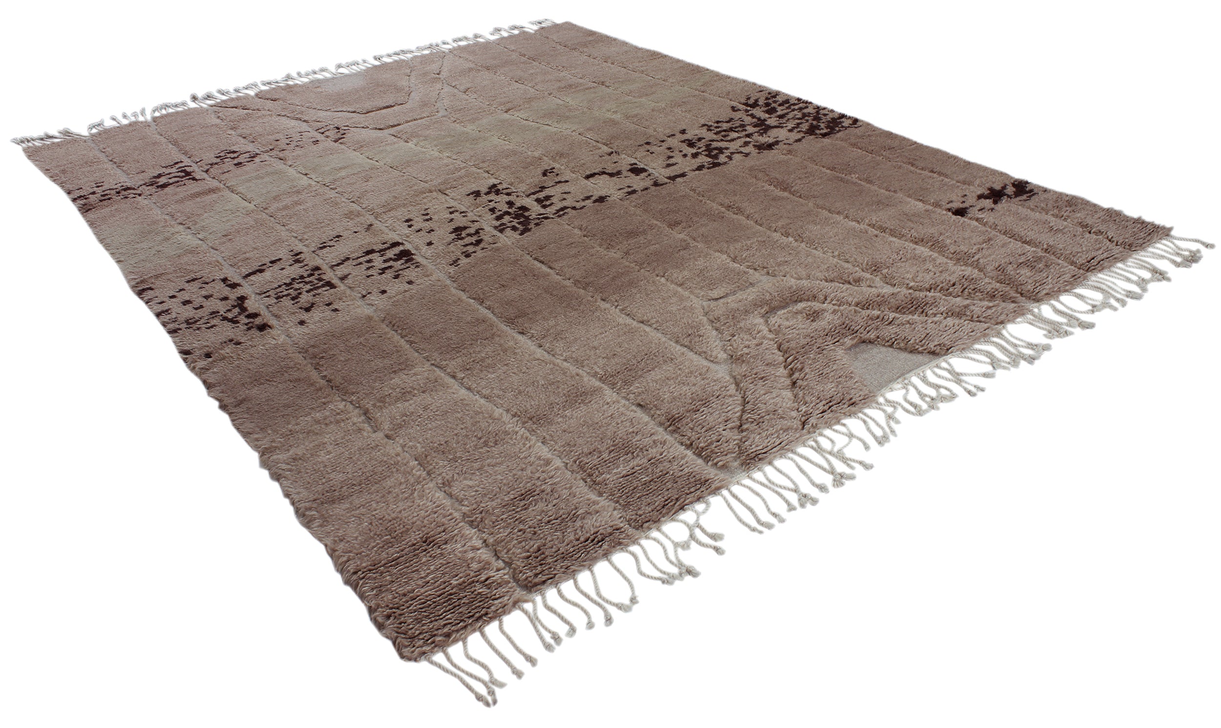Artisan Wool Rug in Taupe with Tribal-Inspired Abstract and Fringe Edges