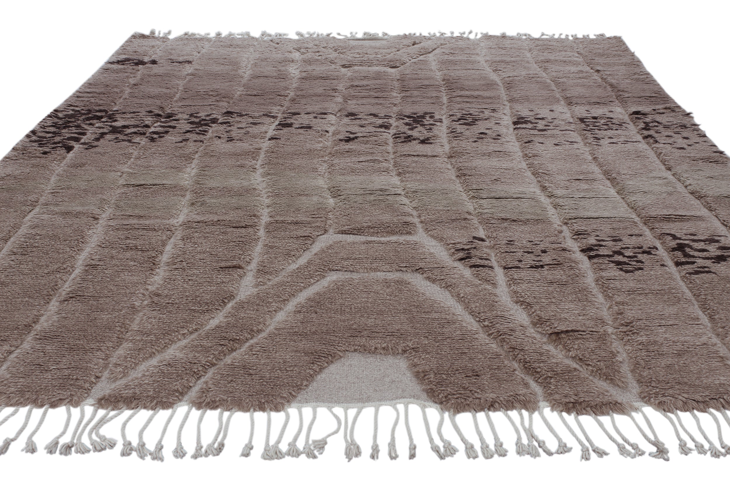 Artisan Wool Rug in Taupe with Tribal-Inspired Abstract and Fringe Edges