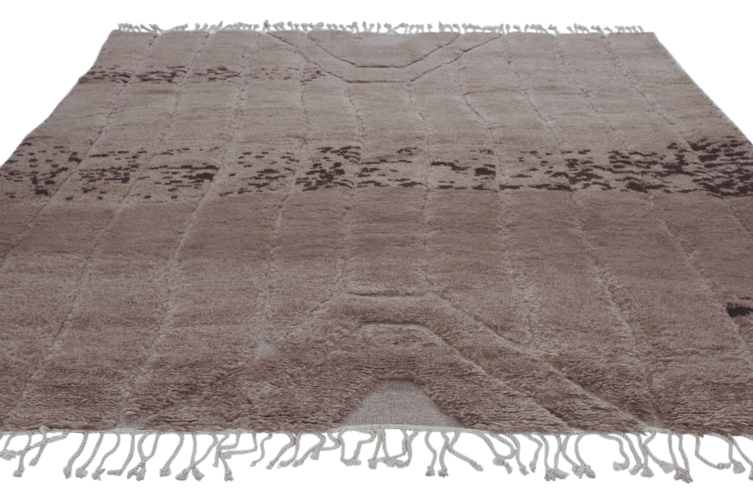 Artisan Wool Rug in Taupe with Tribal-Inspired Abstract and Fringe Edges