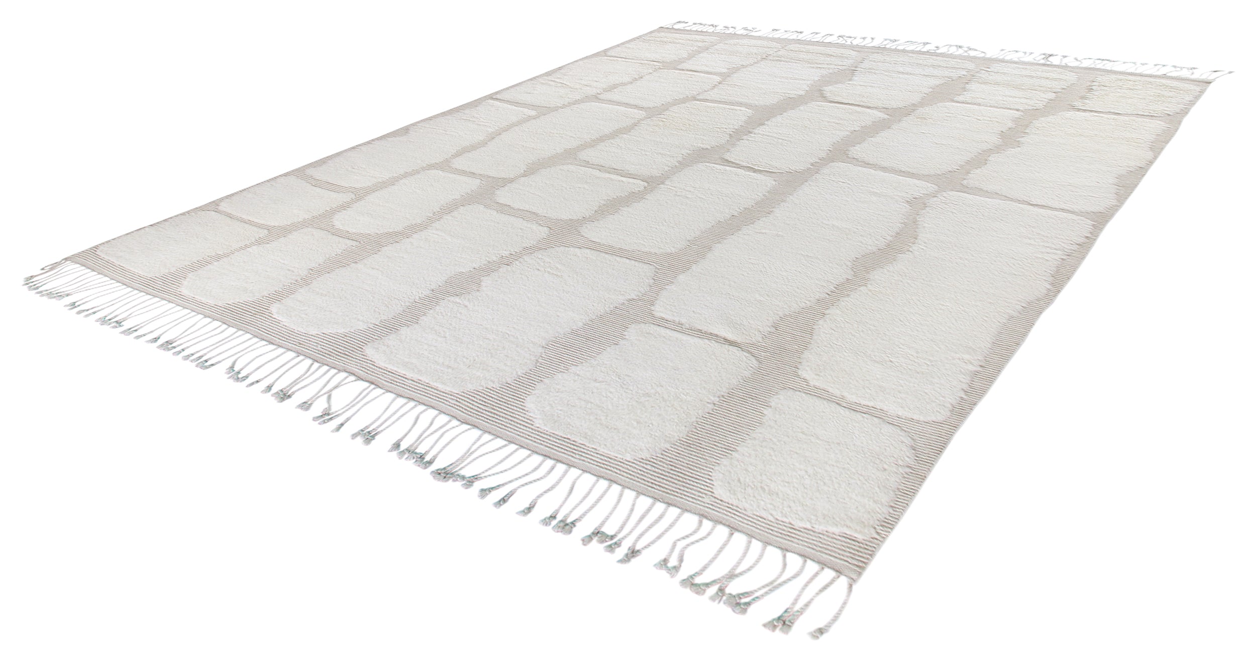 Modern Stone-Inspired Wool Rug in Ivory with Sculpted Texture and Fringe