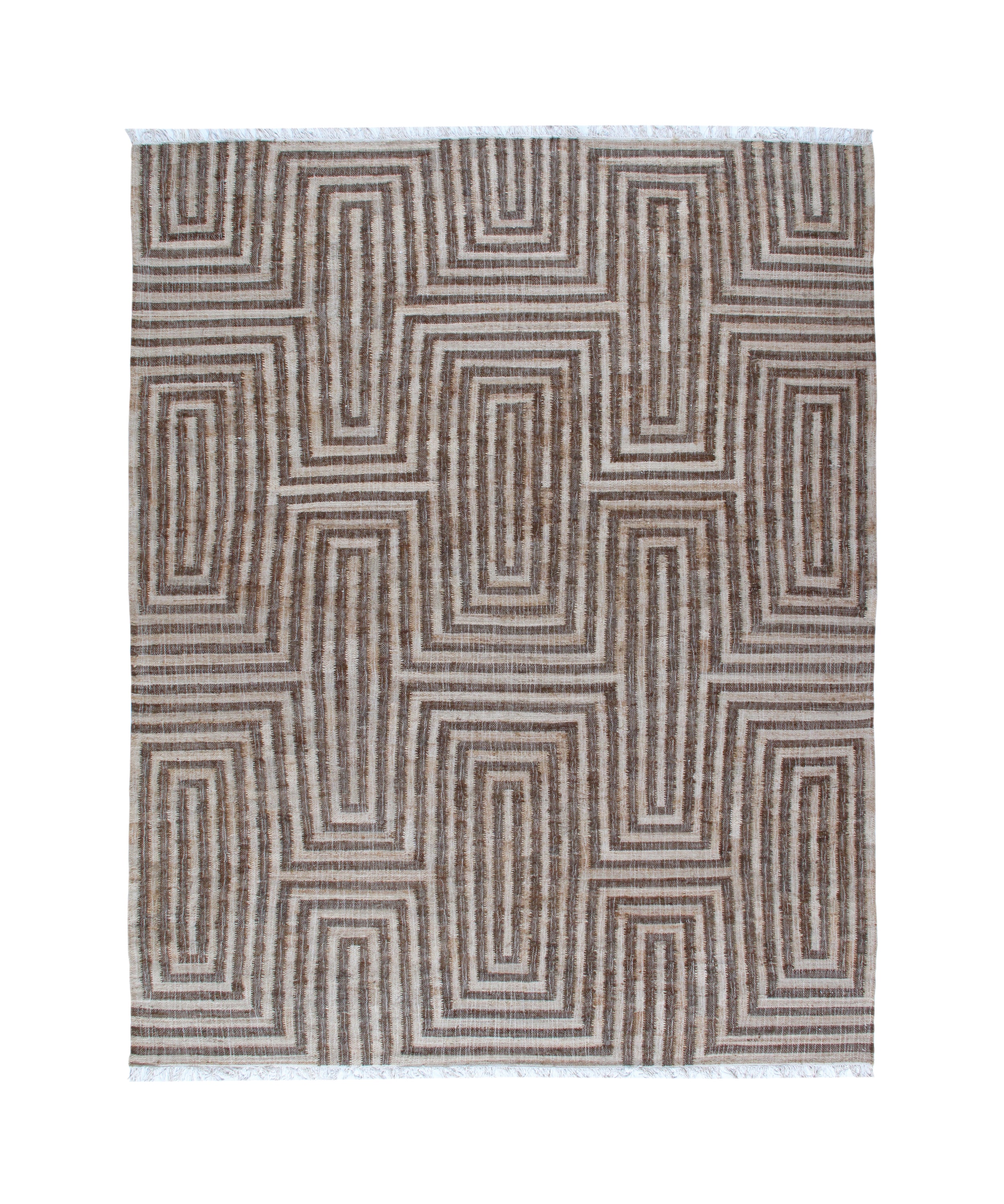 Bold Geometric Wool Rug in Chestnut and Ivory with Maze-Inspired Pattern